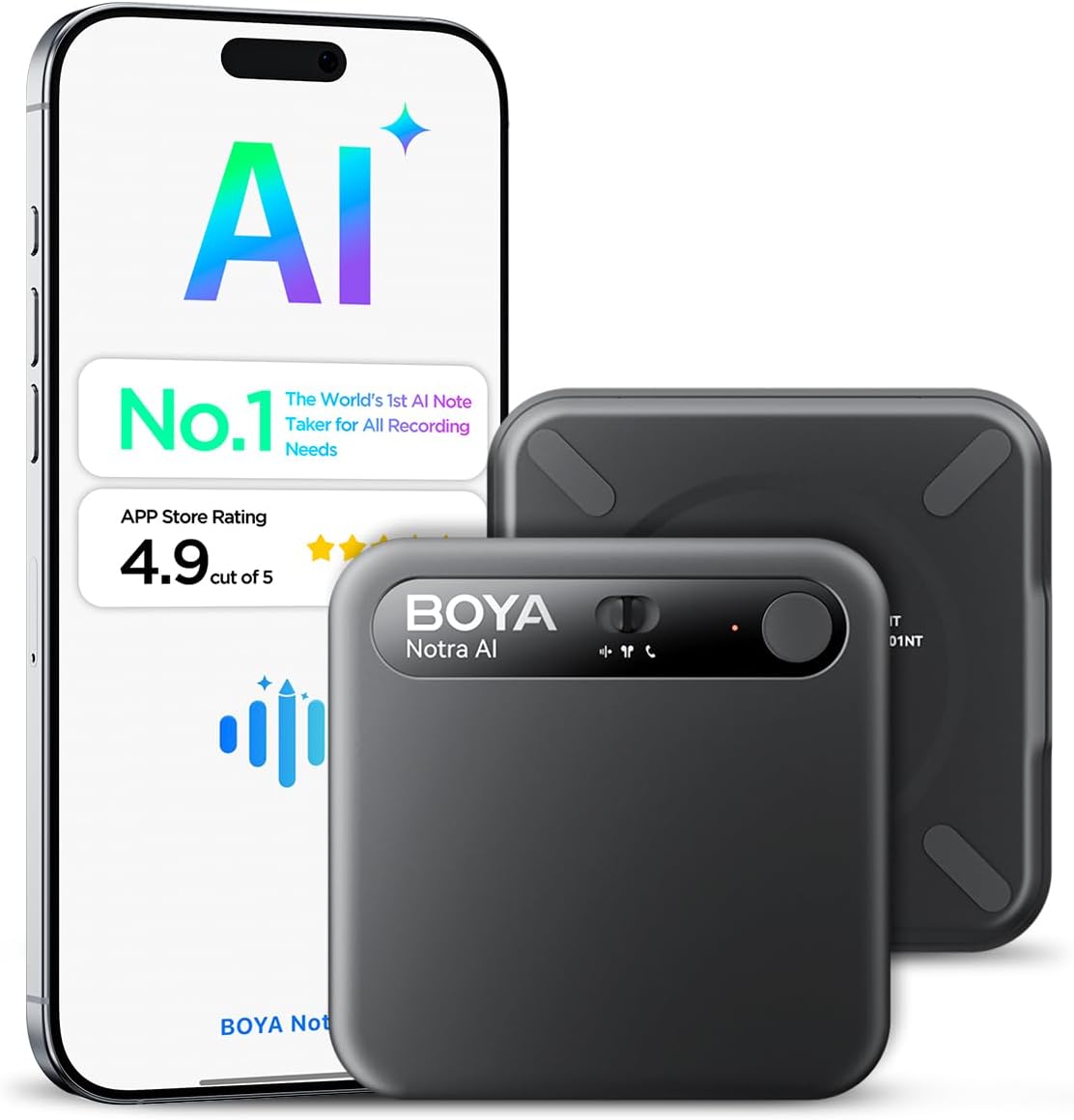 BOYA Notra AI Voice Recorder,3-Mode Capture -Ambient/Phone Call/Bluetooth, AI Transcription&Smart Summary, Support 140+ Languages, 64GB Storage, Magnetic Note Taker for Meetings,Lectures,Interviews
