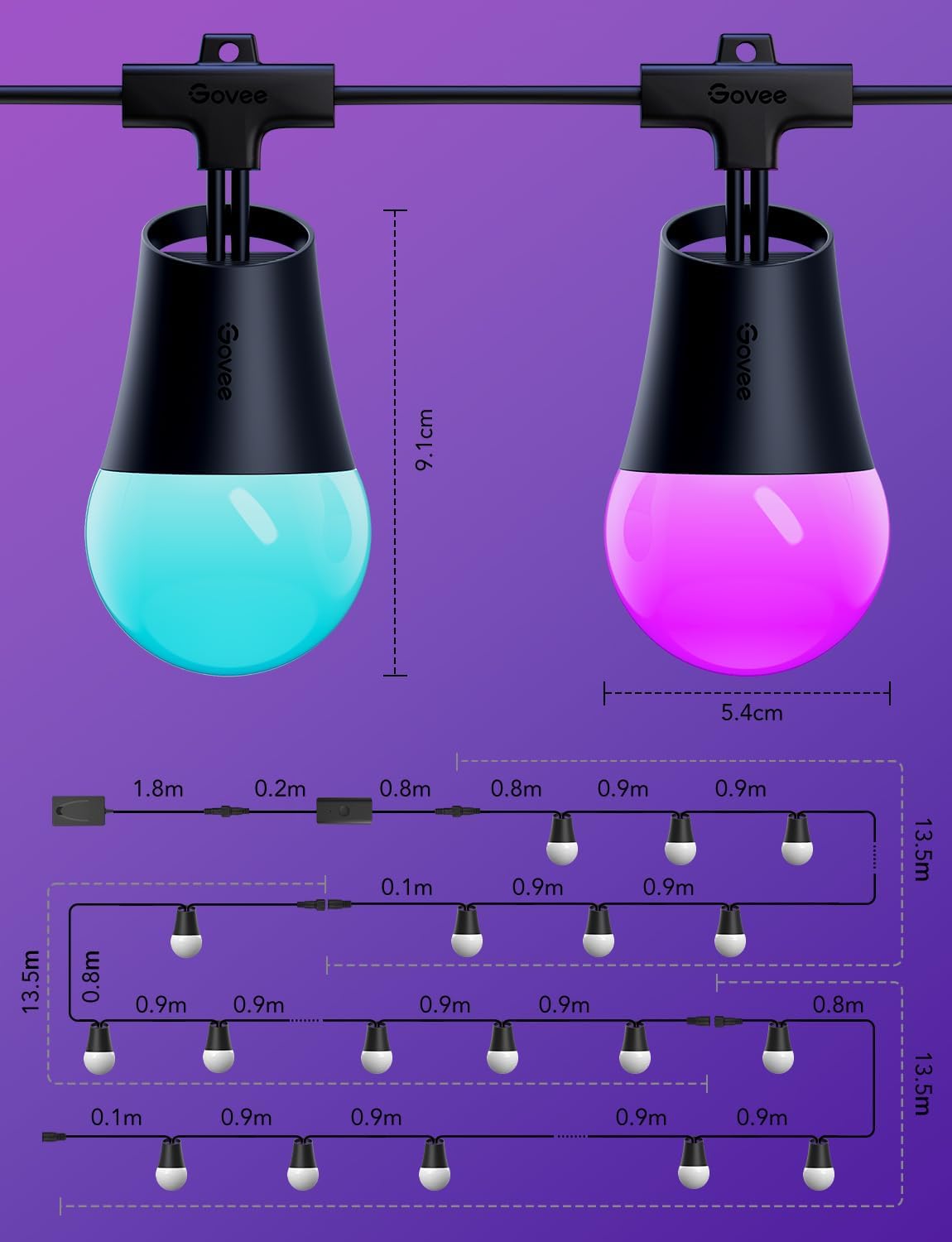 Govee Smart Outdoor String Lights 2, 144ft RGBIC Patio Lights with 45 Bulbs | Dimmable Warm White LED Bulbs, IP65 Waterproof, 47 Scene Modes for Backyard, Balcony, Work with Alexa, App Control