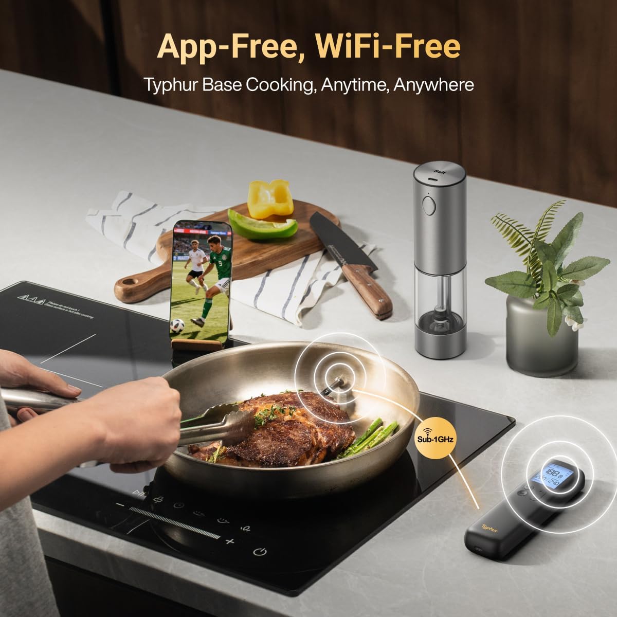 Typhur Sync Gold Wireless Meat Thermometer, Enhanced 10X Sub-1G Signal and Stability, WiFi Unlimited Range, 6 Sensors, Bluetooth Meat Thermometer for BBQ, Oven, Smoker, Grill, Air Fryer, Gen2