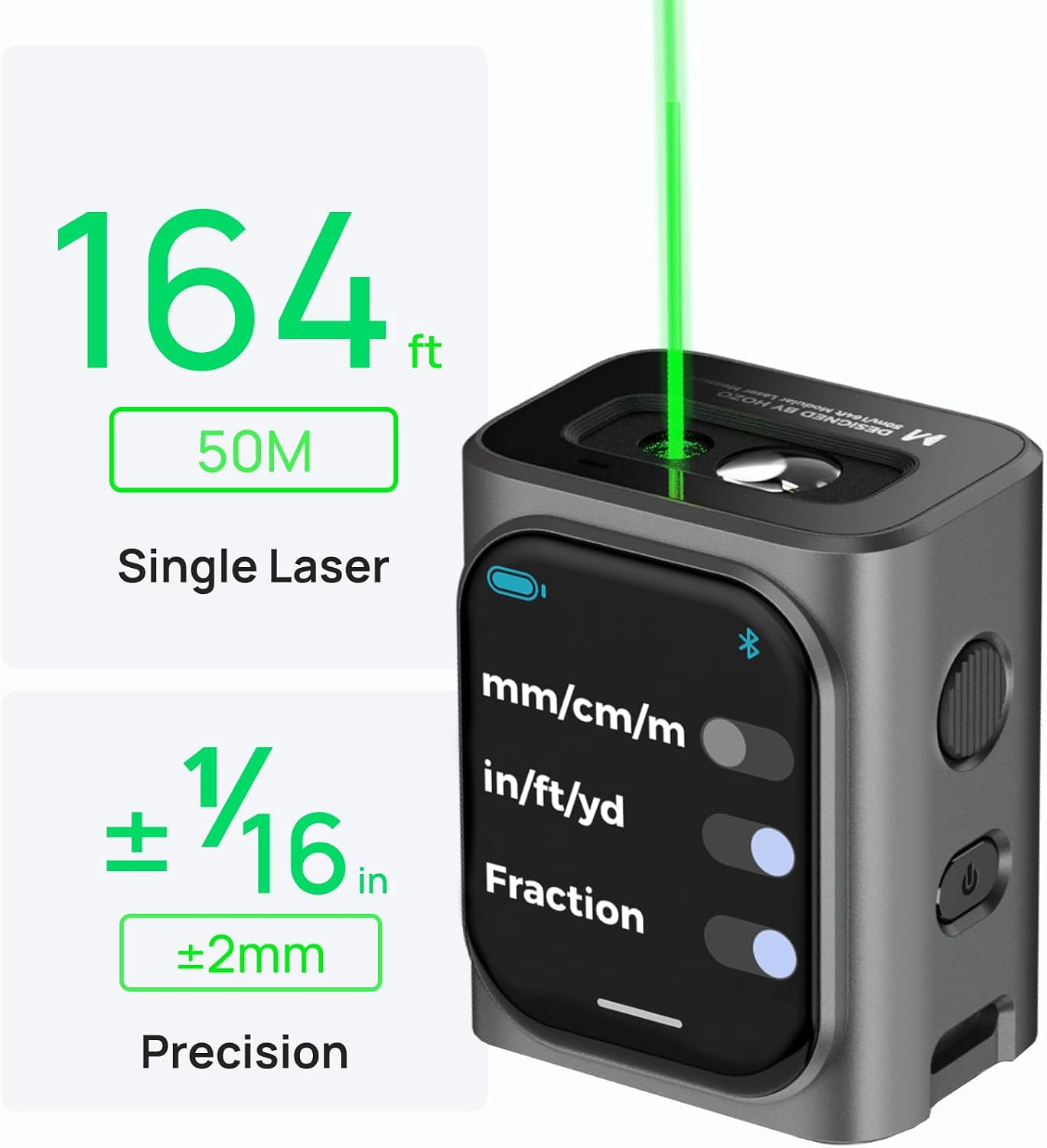 M-Cube Green-Beam Laser Measuring Tool, 164ft/50m, ±1/16 inch Accuracy, Small Size, High-Visibility Real Green Beam for Outdoor, Area/Volume/Pythagorean, LCD Display, Bluetooth App, Rechargeable