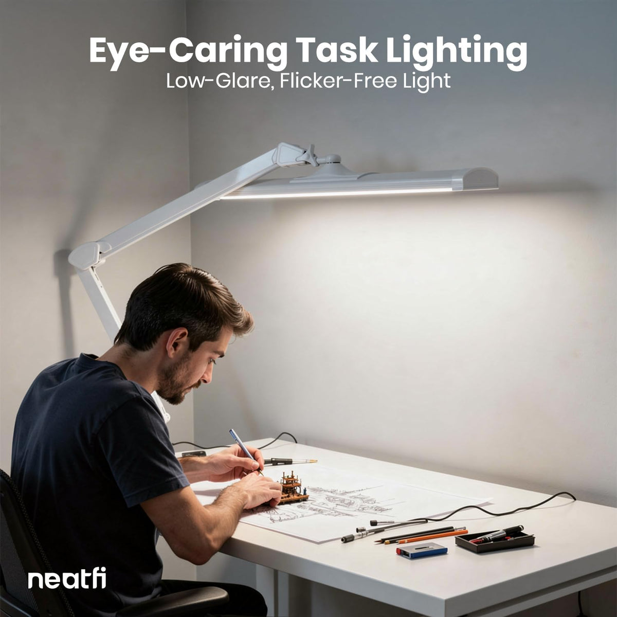 Neatfi Ultra 3,500 Lumens LED Desk Lamp with Clamp – 45W, 270 SMD LEDs, Shadow-Free | Adjustable Brightness | Task Light for Nail Tech, Crafts, Reading, Office & Workbench (White, 26-Inch Wide Shade)