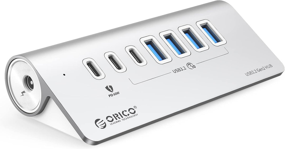 ORICO 7-Port USB 3.2 Gen2 Hub, Powered USB 3.2 Hub with 4 USB-A, 2 USB-C, PD 60W, 72W Power Adapter, 10Gbps Aluminium USB-Splitter with 3.28Ft USB-C to USB-C Cable for iMac, MacBooks, Mac mini