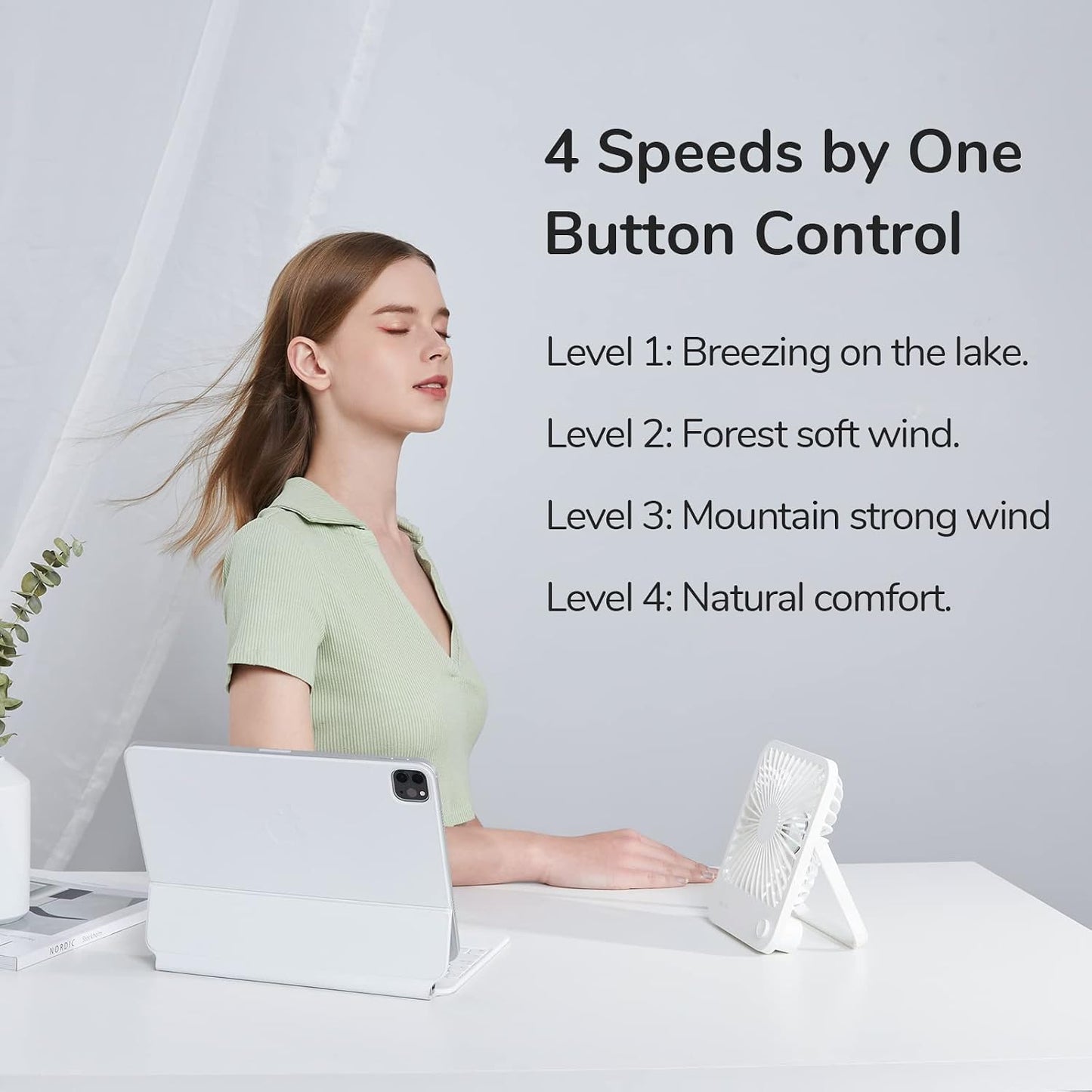 JISULIFE Desk Fan Battery Rechargeable, 180°Foldable Portable Personal Fan | 4500mAh Long-lasting Battery, 4 Speeds Adjustable for Home Office Travel Outdoor Gifts for Women Men-White