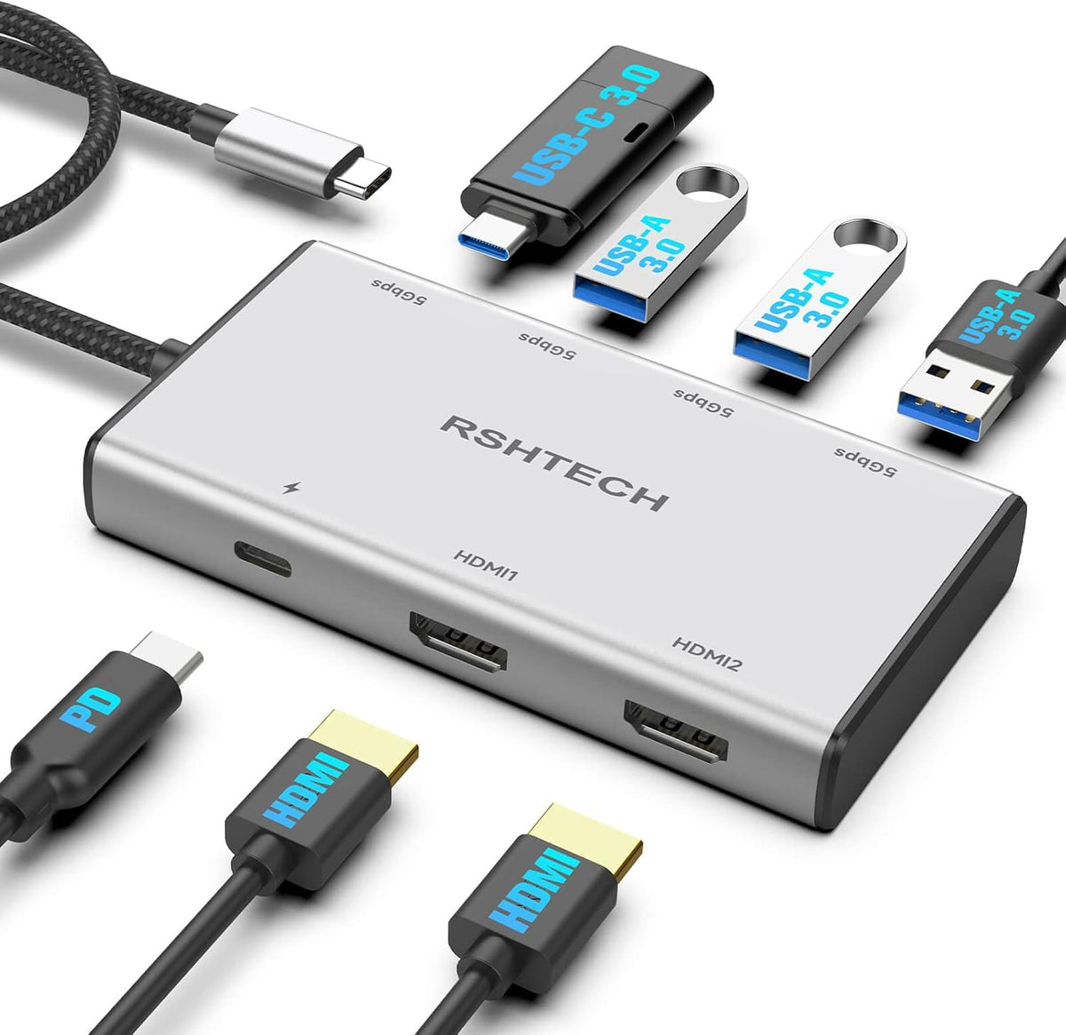 RSHTECH 7-in-1 USB C Hub 2 HDMI 4K@60Hz, Docking Station Dual Monitor
