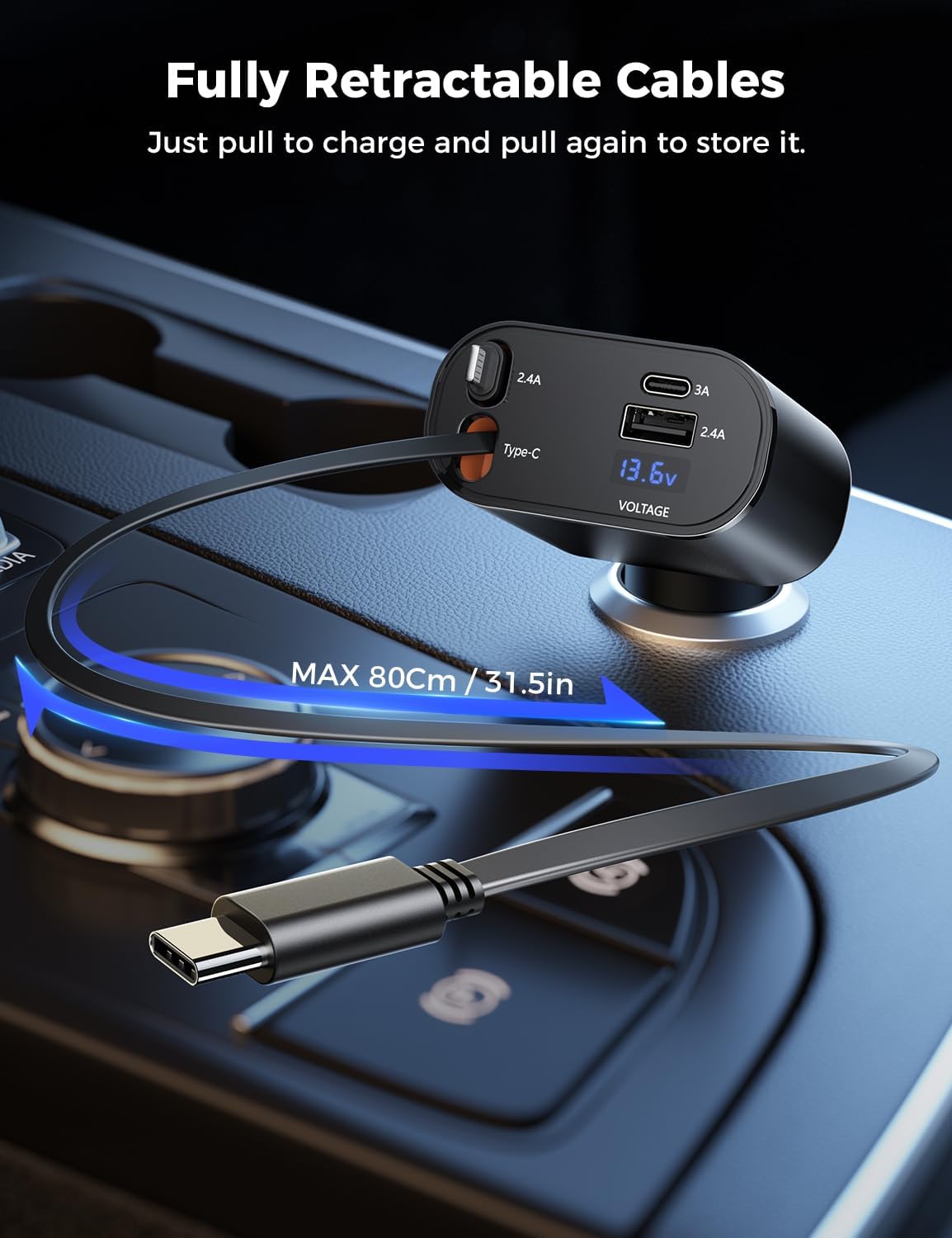 Retractable USB C Car Charger, 69W 4-in-1 Fast Charging Adapter | Dual retractable USB-C cables plus USB-C and USB-A ports deliver 69W fast charging for phones, tablets and more
