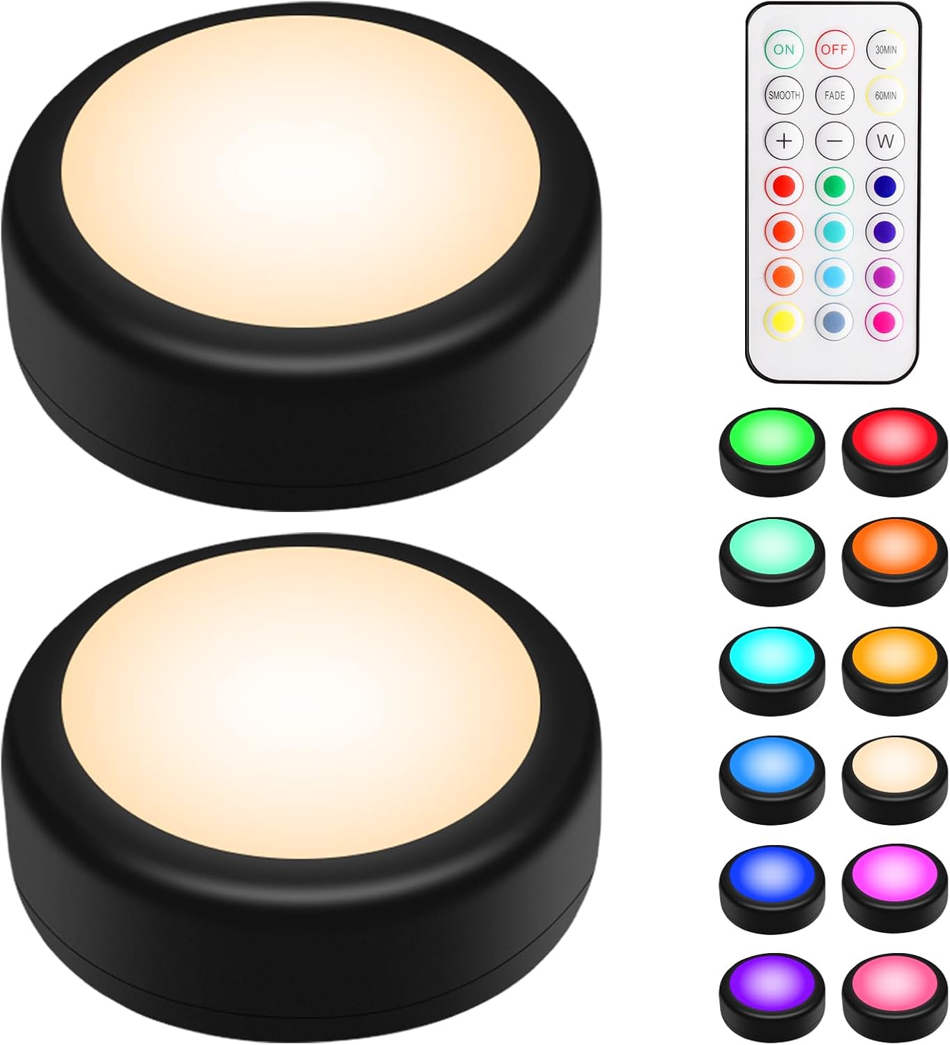 BLS LED Puck Lights with Remote Control, Wireless Under Cabinet & Closet Lighting, RGB 13 Color Changing Lights with Dimmer, Timer & AA Battery Operated, Push, Touch, Stick on for Night, Black, 6 Pack