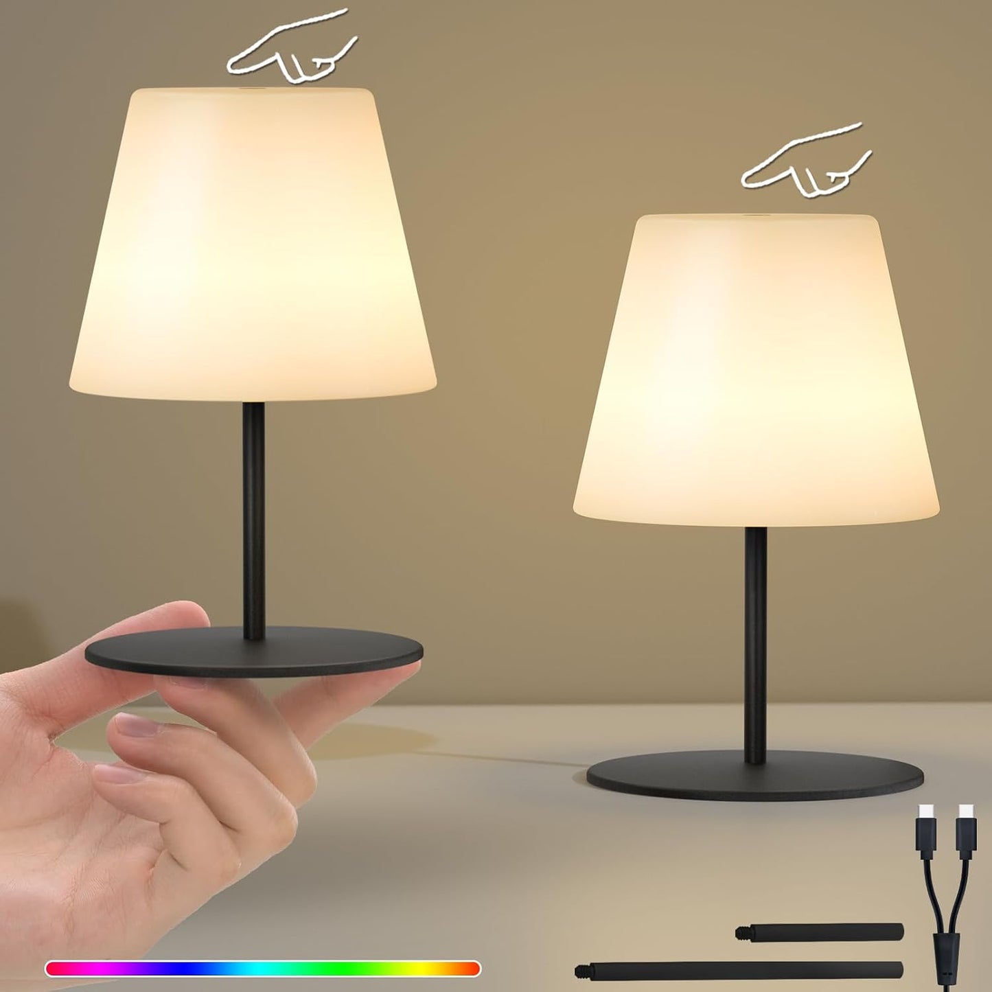 uuffoo 2 Pcs Mini Touch Shower Lamps Waterproof with 2-Step Warm White | Soft Light for Eye Care, Cordless Recharge lamp, RGB, IP44, Dual Plug USB Charging Cable, Color Temperature Memory(Black)