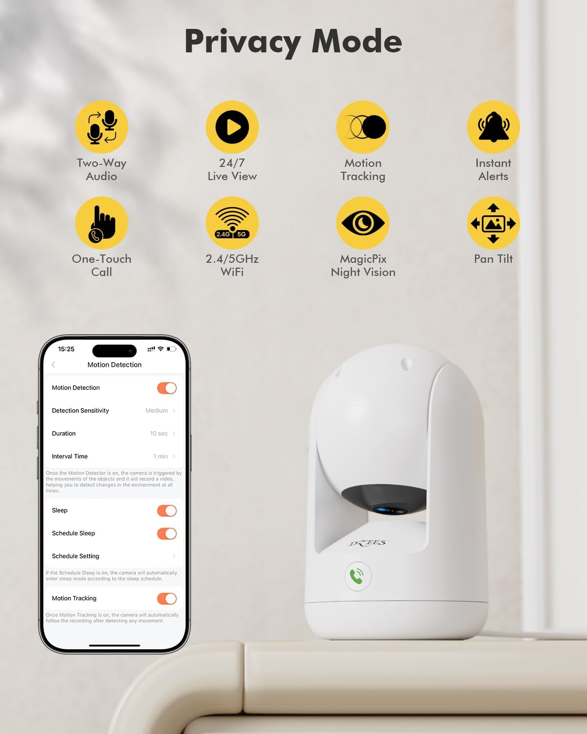 Dzees 2K Indoor Security Cameras, 360° WiFi Pet Camera, 2-Pack