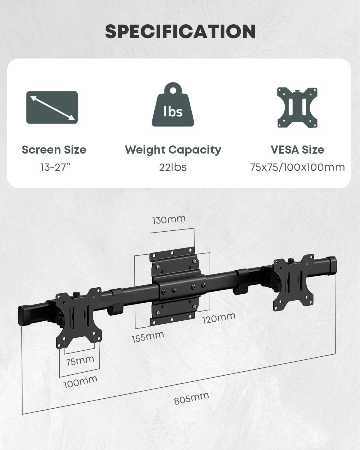 Dual Monitor Wall Mount fits 13-27 Inch, Single to Double Bracket Adapter
