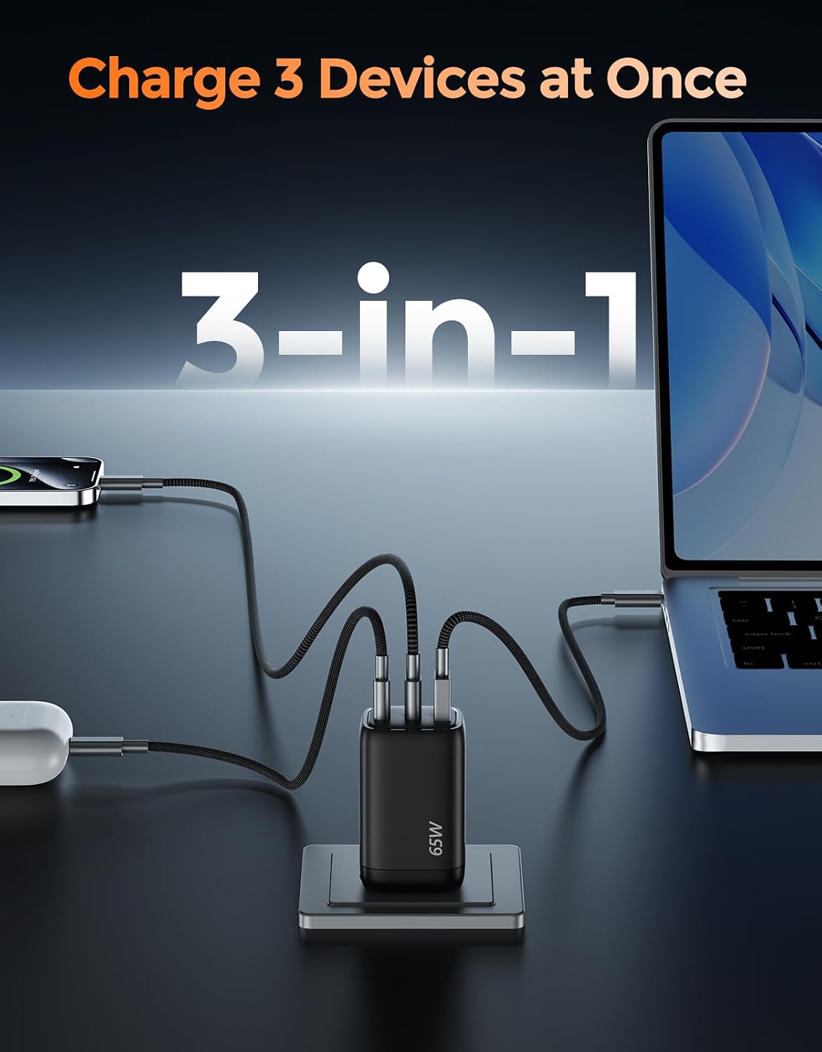 TECKNET 65W USB C Charger, Type C Chargers Fast Charging Block Multi Port | GaN USB C Charger Block Foldable for iPhone 17/16/15 Series, Samsung Galaxy S26/S25/S24 Ultra, MacBook, iPad and More, Black