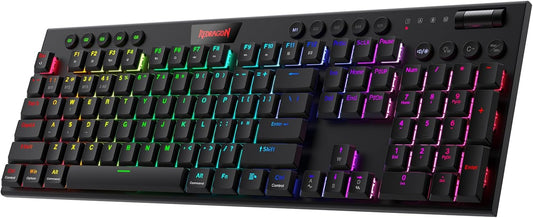 Redragon K618 PRO Wireless Ultra-Thin Gaming Keyboard, Macro &amp; Media Scroll | 0-Delay Tri-Mode, 5 On-Board Keybinding G Buttons for MMO MOBA Games, Dedicated Media Control, Easy-Switch Win/Mac Compatible