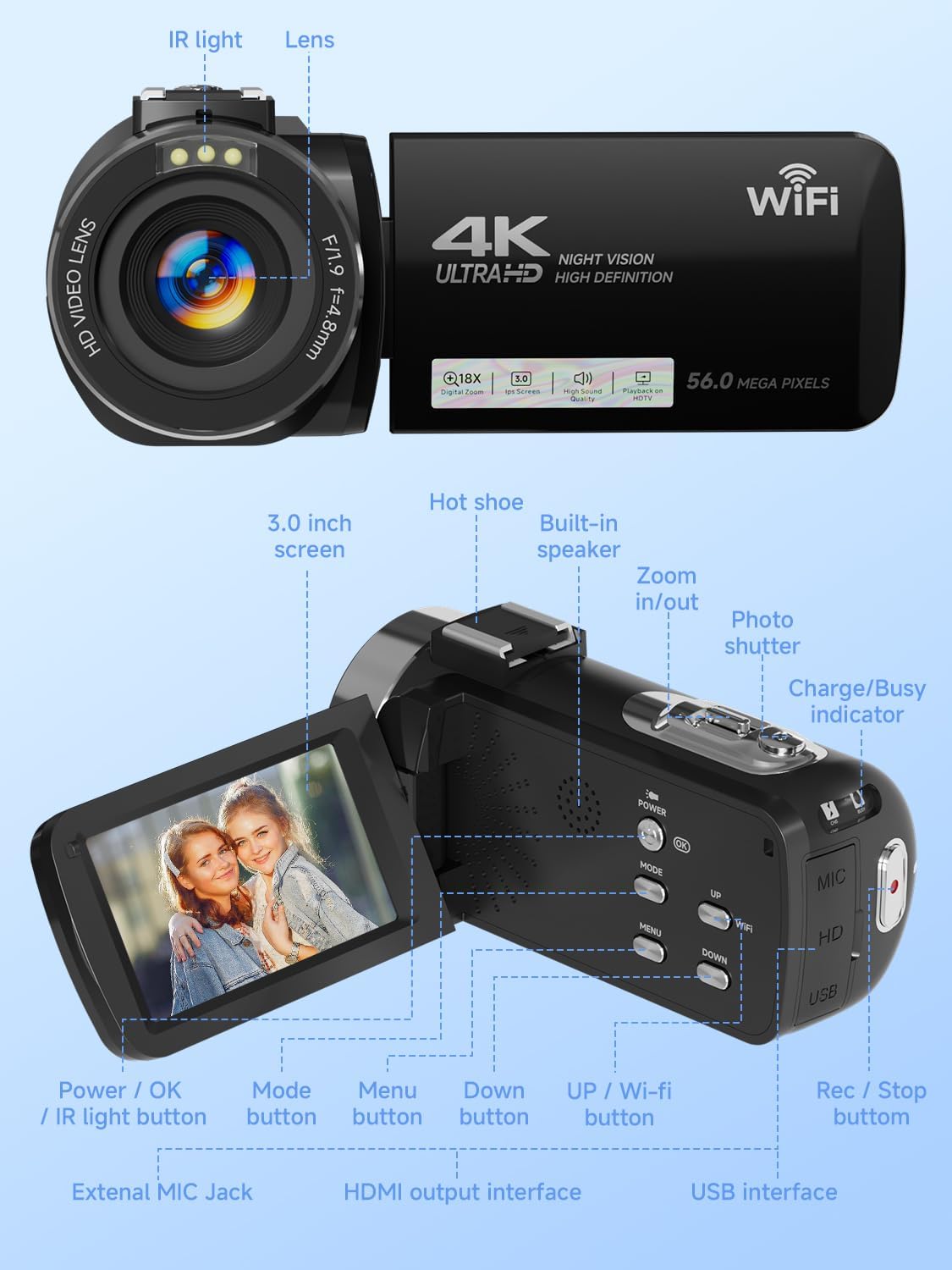 4K Video Camera Camcorder with 64GB SD Card, 56MP WiFi Vlogging Camera for YouTube, IR Night Vision, 3.0" Touch Screen, 18X Zoom, Webcam & Remote, Black
