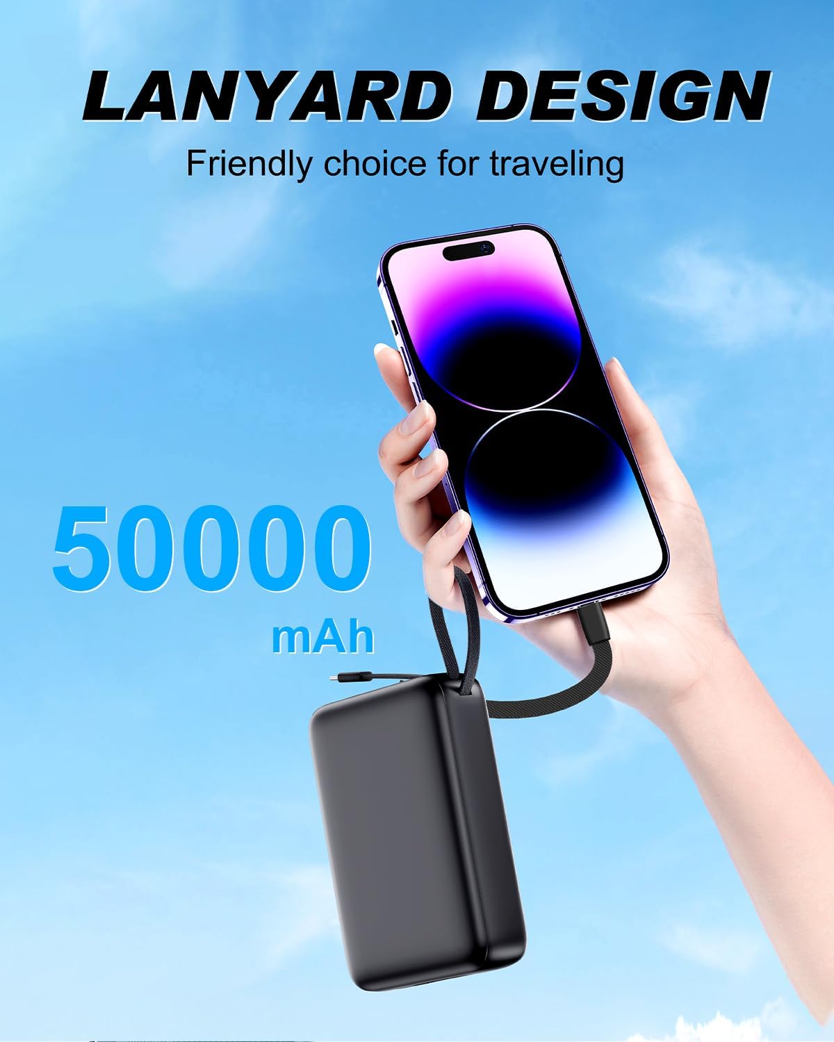 Portable Charger 50000mAh, PD22.5W Fast Charge Power Bank Built-in 2 Cables | Portable Phone Charger for iPhone/Android/Samsung Galaxy Travel Essential (Black)