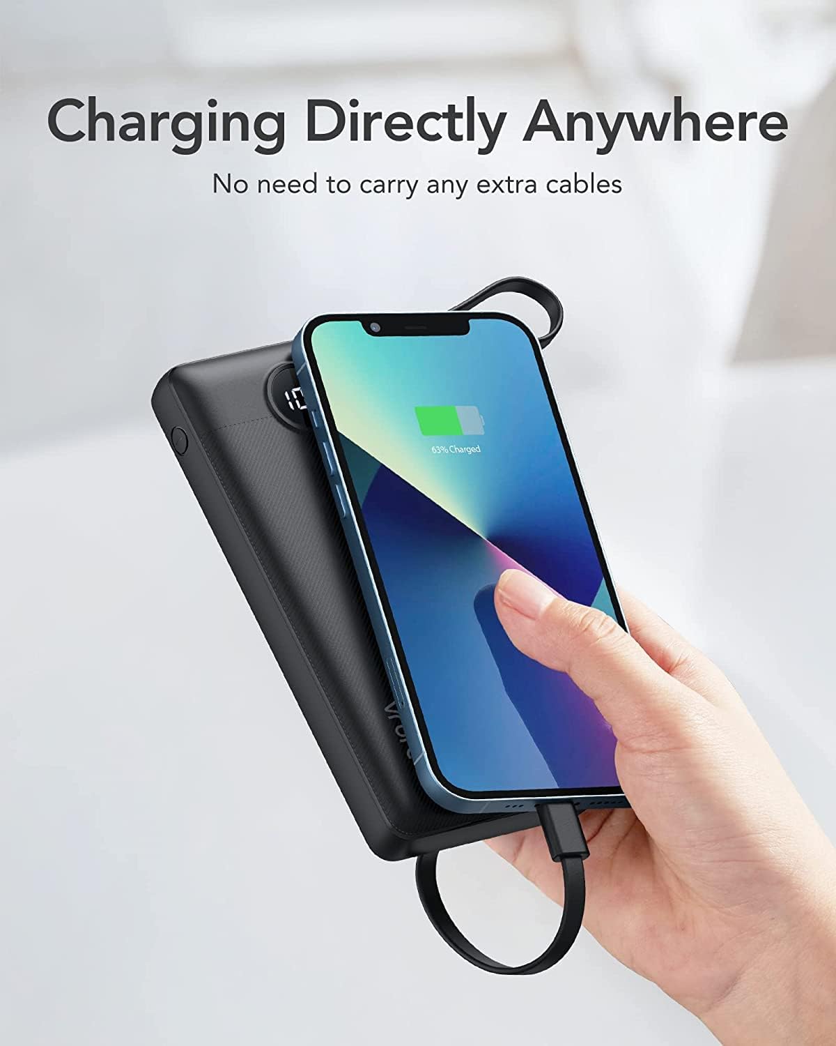 VRURC Portable Charger, Built-in 4 Cables Slim Power Bank 10000mAh, USB C Charging Bank with LED Display, Compact Travel Battery Pack with 5 Outputs for Multi Devices, Android-Black(1 Pack)
