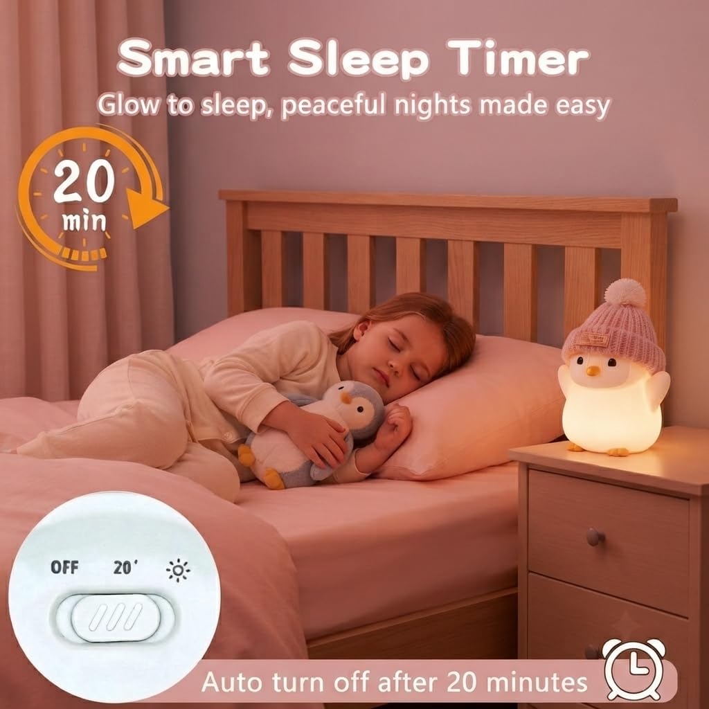 Penguin Night Light for Kids, Squishy Silicone Nursery Lamp | Touch Control, 24-Hour Battery, 20-Min Timer, 3000K Warm LED, BPA-Free Silicone, Nursery Decor, Gift for Kids
