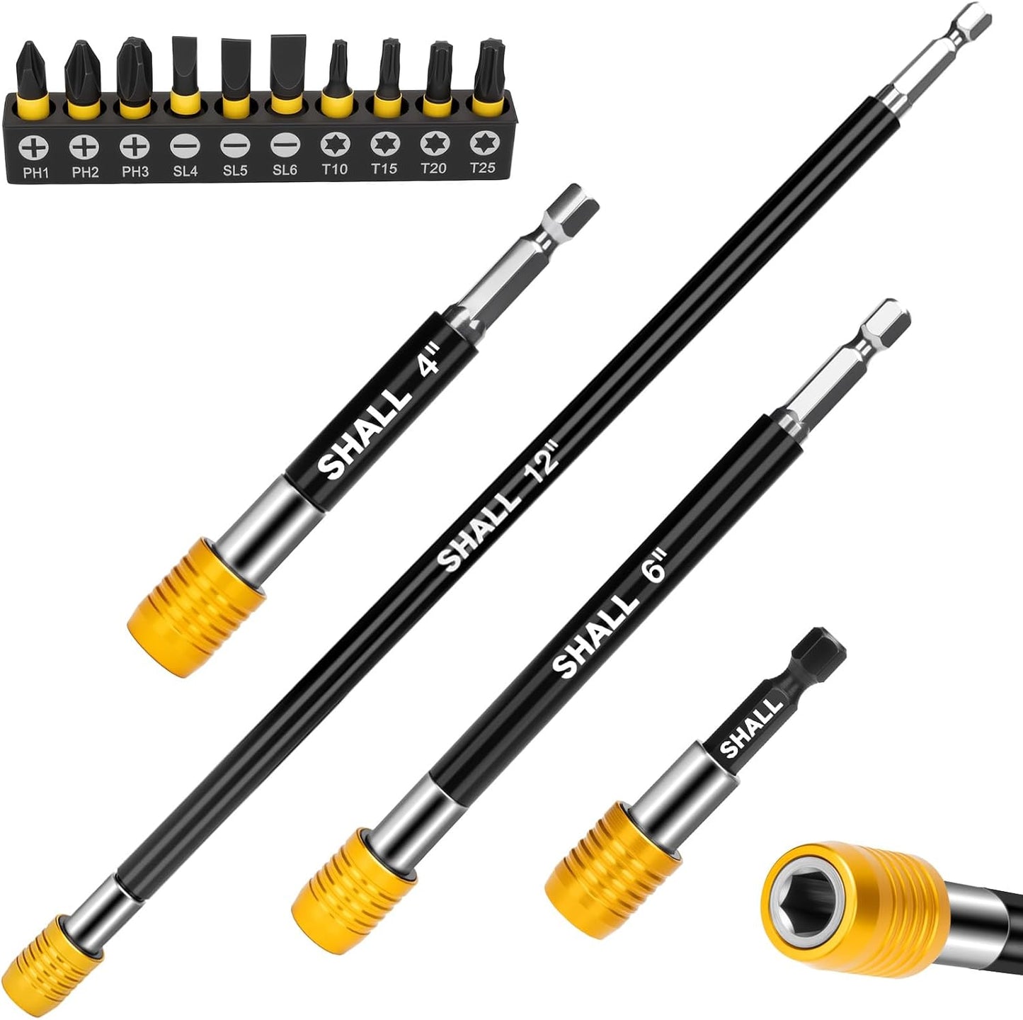 SHALL Drill Bit Extension Set, 4Pcs Magnetic Drill Screwdriver Bit Holder Extender with Aluminum Sleeve, 10Pcs S2 Steel Screwdriver Bits, 1/4 Inch Hex Shank, Quick Release