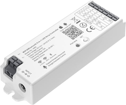 BTF-LIGHTING 5-in-1 WB5 2.4GHz WiFi LED Controller, PWM Dimmer Compatible with Alexa/Google Home/Tuya Smart/Smart Life APP, for Dimming/CCT/RGB/RGBW/RGBCCT Strip Light, Work with WR01RF, WR02RF, etc.