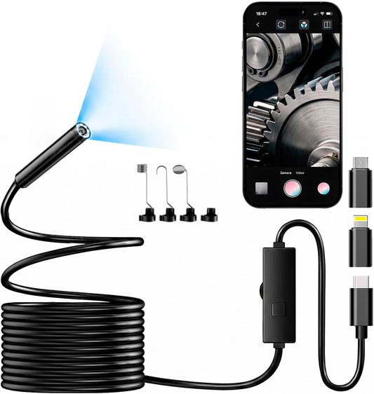 1920P HD Endoscope Camera with Light, IP67 Waterproof Borescope Snake Camera Semi-Rigid Sewer Camera 8 LED Inspection Endoscope Camera for iPhone Android Automotive Pipe, 16.4FT Single Lens