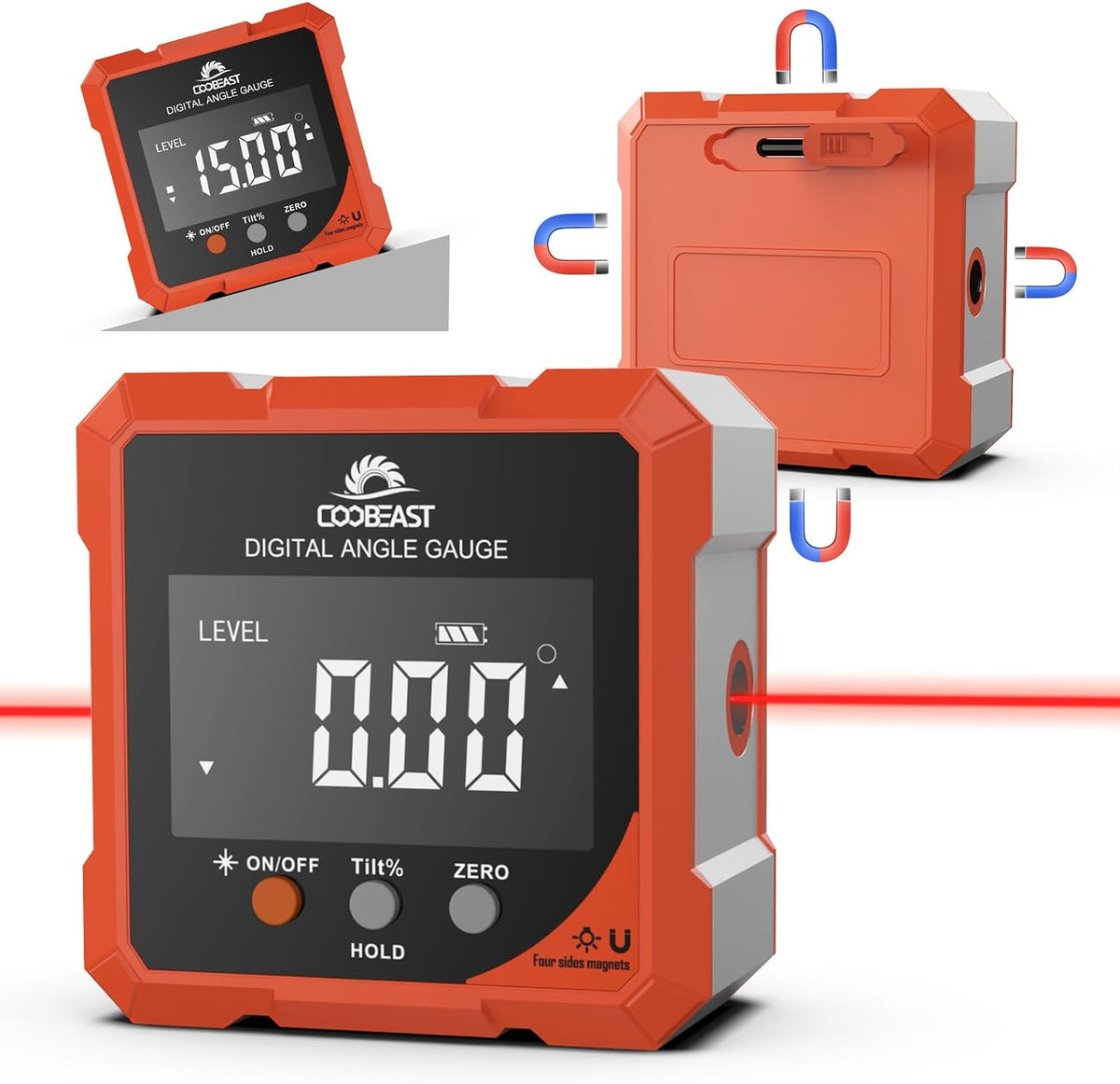 Coobeast Digital Angle Finder with Dual Laser 4-side Magnetic Angle Gauge | Magnetic Laser Level Measuring Tool with Electronic Laser Inclinometer Backlight for Woodworking Table saw Miter Orange