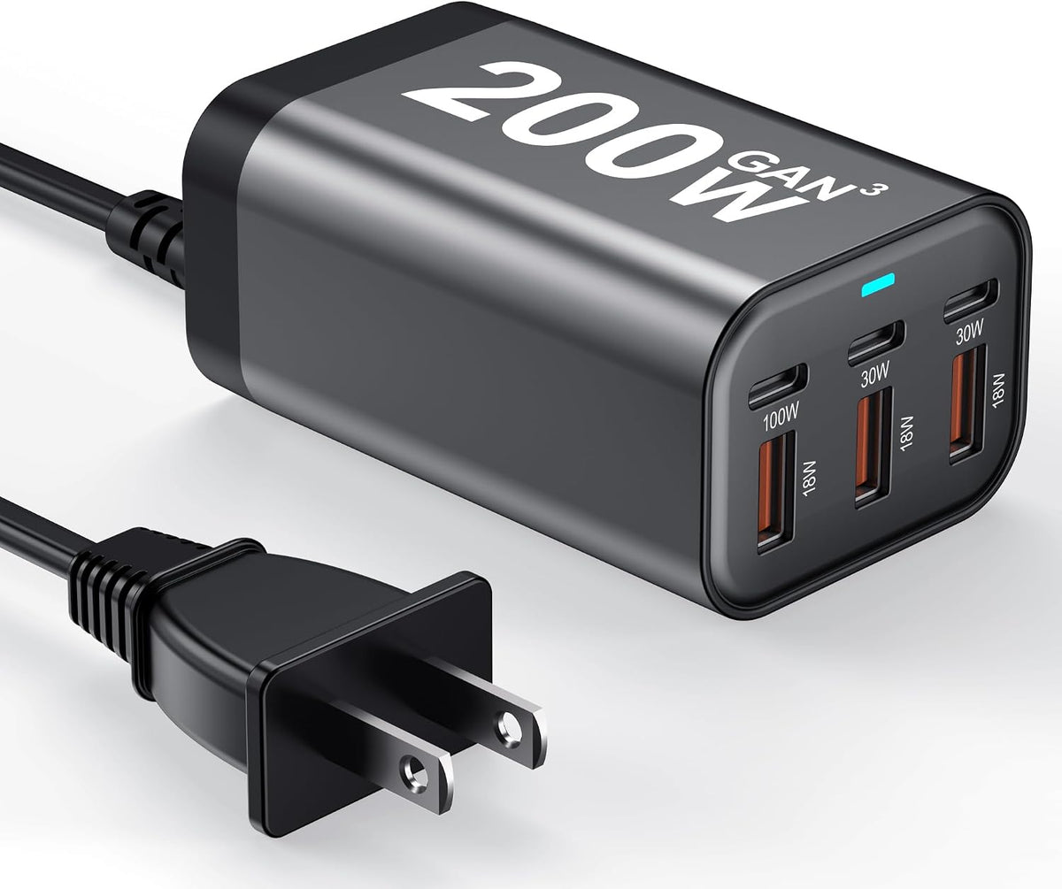 USB C Charger Block 200W Multi Port USB Fast Charging Station Hub GaN PPS PD 100W Type C Wall Charger Power Adapter for Multiple Laptop iPad iPhone 17 MacBook Galaxy S26 Android Pixel 65W 45W 30W 20W
