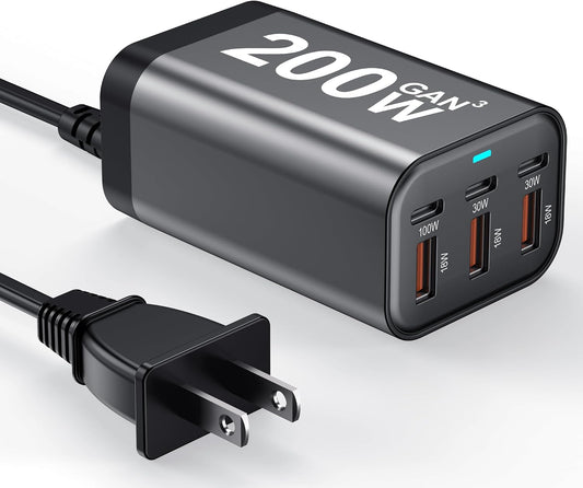 USB C Charger Block 200W Multi Port USB Fast Charging Station Hub GaN PPS PD 100W Type C Wall Charger Power Adapter for Multiple Laptop iPad iPhone 17 MacBook Galaxy S26 Android Pixel 65W 45W 30W 20W