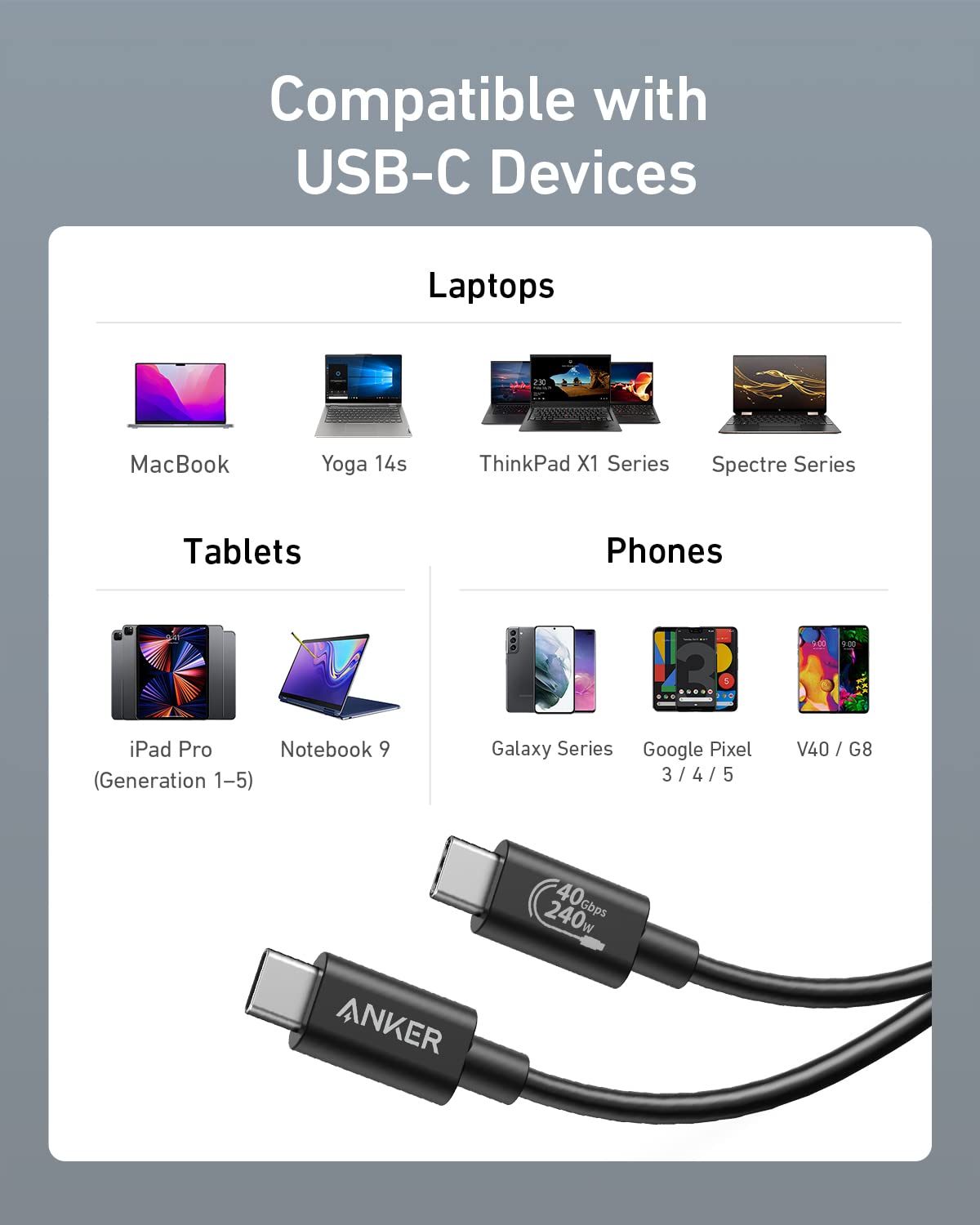 Anker USB C Cable, 40 Gbps USB 4 Data Cable, Thunderbolt 4/3, 8K HD Display | Support with 240W Charging, for iPhone 17, MacBook, Hub, Docking and More, 3.3ft