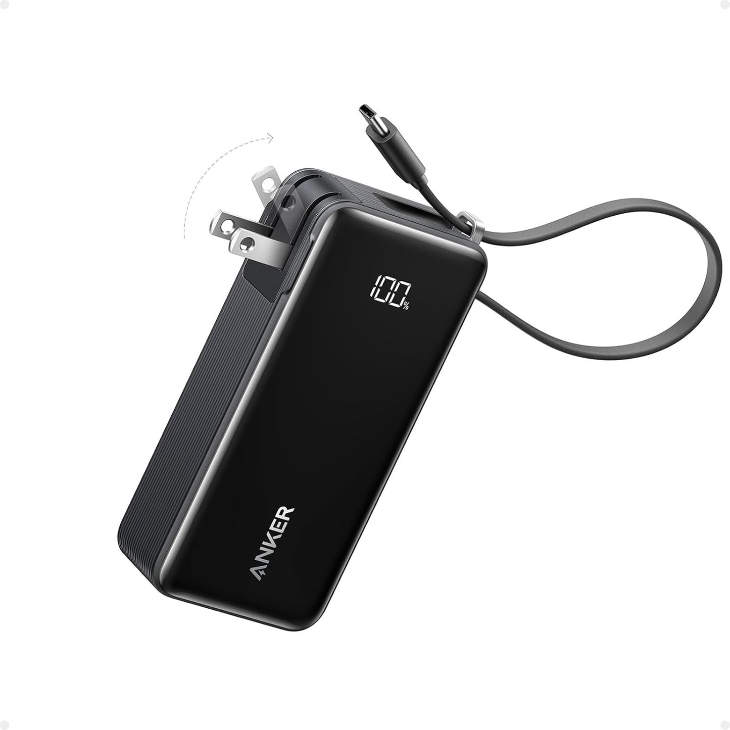 Anker Nano 3-in-1 Portable Charger,10,000mAh 30W Travel Power Bank | Battery Pack with Built-In USB-C Cable and Foldable Wall Plug, for iPhone 17 / 16 / 15 Series (Black)