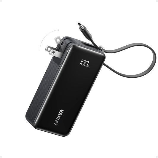 Anker Nano 3-in-1 Portable Charger,10,000mAh 30W Travel Power Bank | Battery Pack with Built-In USB-C Cable and Foldable Wall Plug, for iPhone 17 / 16 / 15 Series (Black)