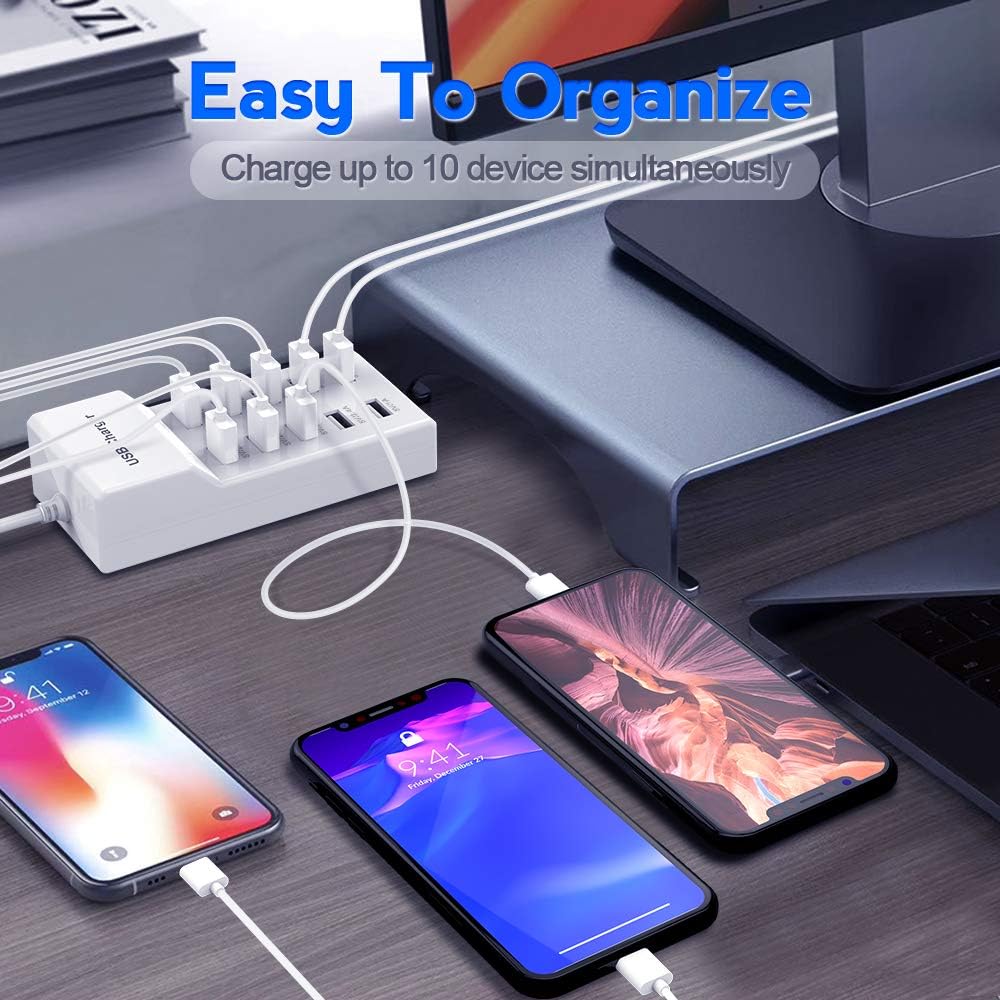 USB Charger USBA Wall Charger with Rapid Charging Auto Detect Technology Safety Guaranteed 10-Port Family-Sized Smart USB-A Ports for Multiple Devices Smart Phone Tablet Laptop Computer