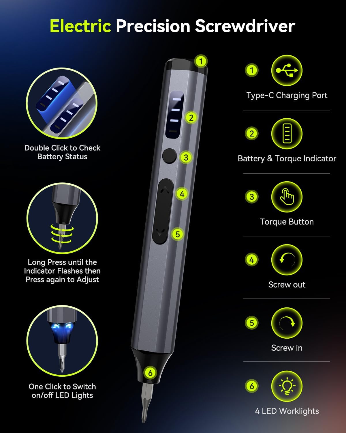 34-in-1 Precision Electric Screwdriver Set, Mini Cordless Magnetic Screwdriver with 30 S2 Steel Bits, 4 Torque Settings, USB-C Rechargeable Electronics Repair Tool Kit for iPhone Laptop PC Camera