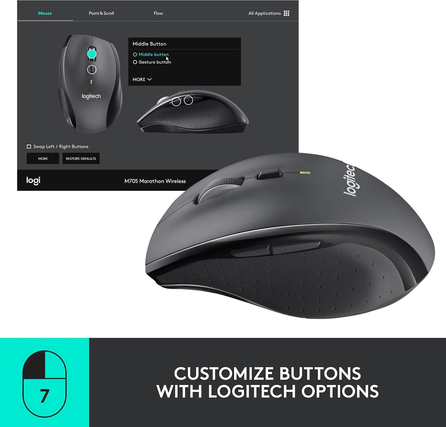 Logitech M705 Marathon Full Size 2.4 GHz Wireless Mouse - Black | Hyper-fast wheel, USB-A Nano Receiver, 5 customizable buttons, Windows Mac Linux compatible, certified for Chrome