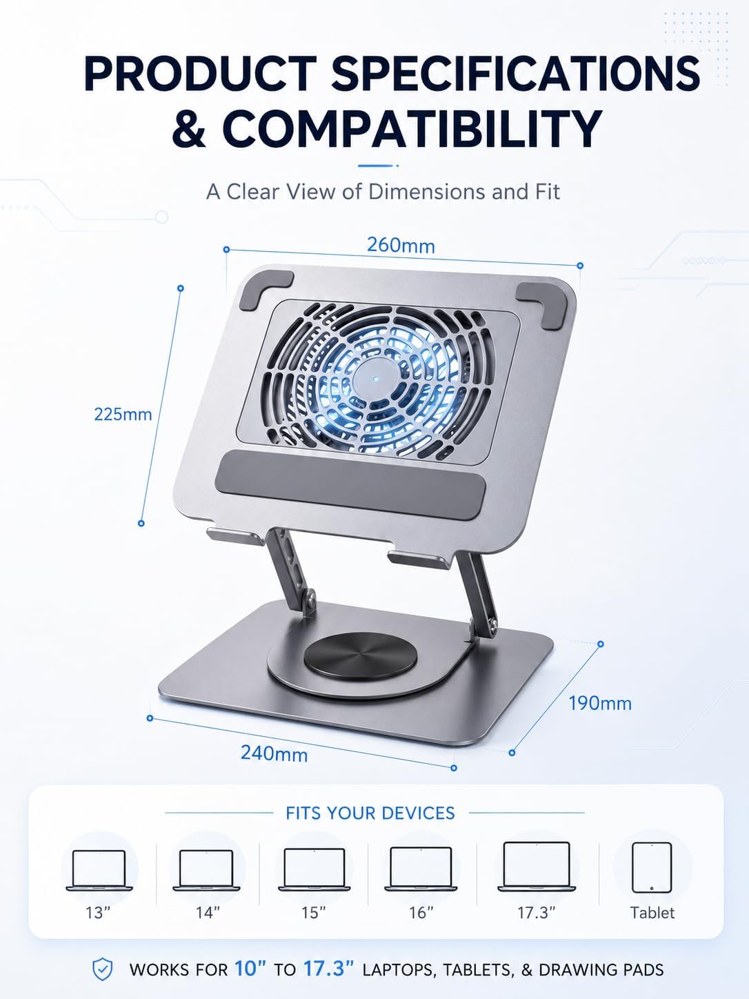 360° Rotating Laptop Cooling Pad with Detachable Magnetic Fan & 4 USB 3.0 Hub, Foldable Ergonomic Computer Riser, Compatible with MacBook Pro, Compatible with Dell, Fits 10-17” Laptops