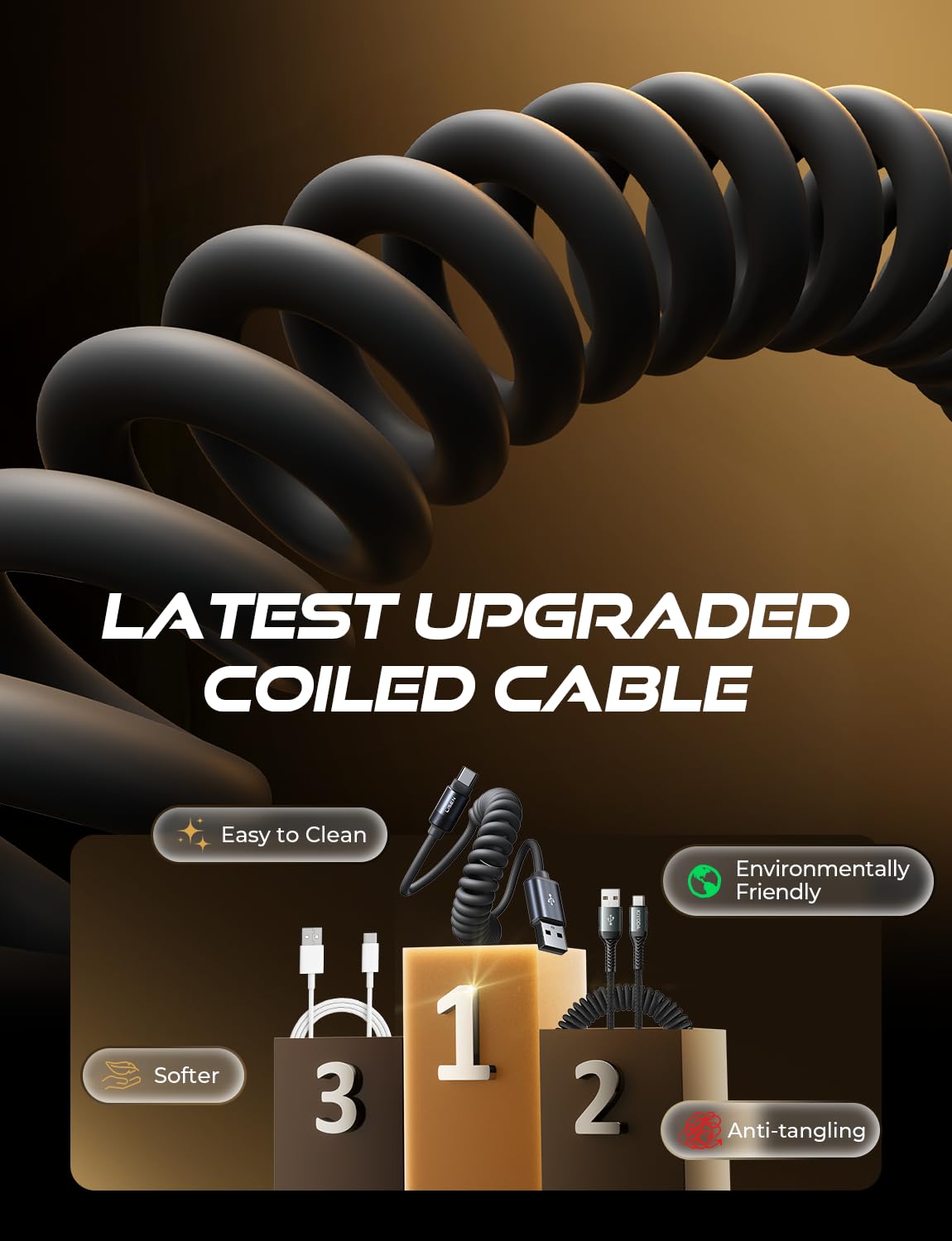 LISEN Coiled USB-A to USB-C Cable 2 Pack Android Auto Cable Car Cord | for CarPlay Cable, Gifts for Men Women Compatible with iPhone 17/16/15, Samsung Galaxy S25/S24/S23 A15/A14, Black 4FT