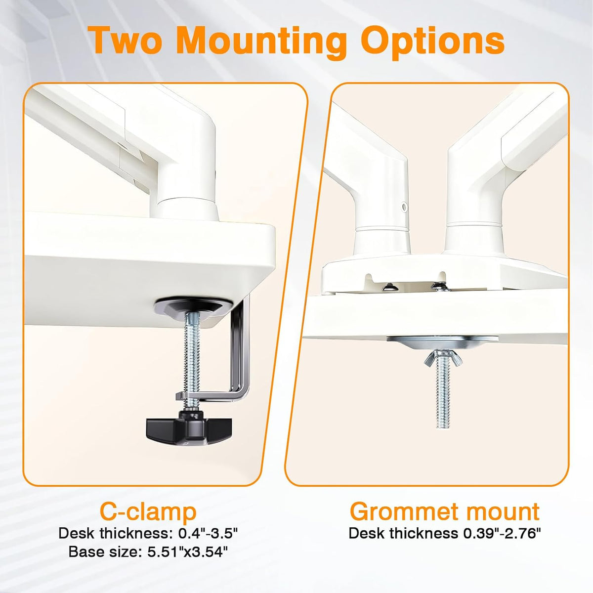 Dual Monitor Arms, Gas Spring Monitor Arms for 2 Monitors up to 34" Curved/Flat, 22lbs per Arm, VESA Mount 75x75 100x100mm, C-Clamp & Grommet Base, Adjustable Tilt/Swivel/Rotation White