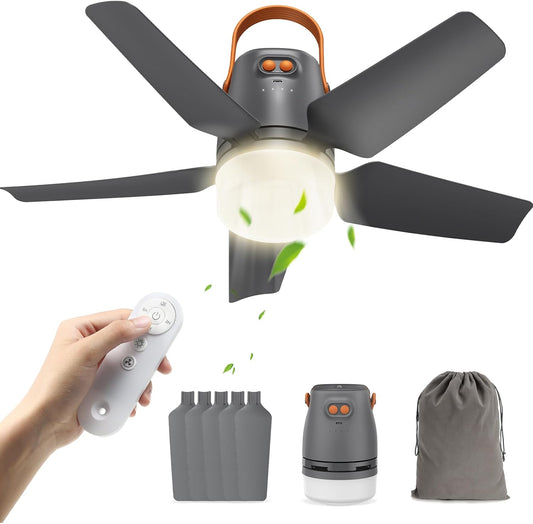 21" Portable Ceiling Fan with Light & Remote,20400mAh Battery Operated Outdoor Ceiling Gazebo Fan for Patios/Canopy/Cruise,Rechargeable Battery Powered Fan,Hangable Camping Light Fan,Camping Essential