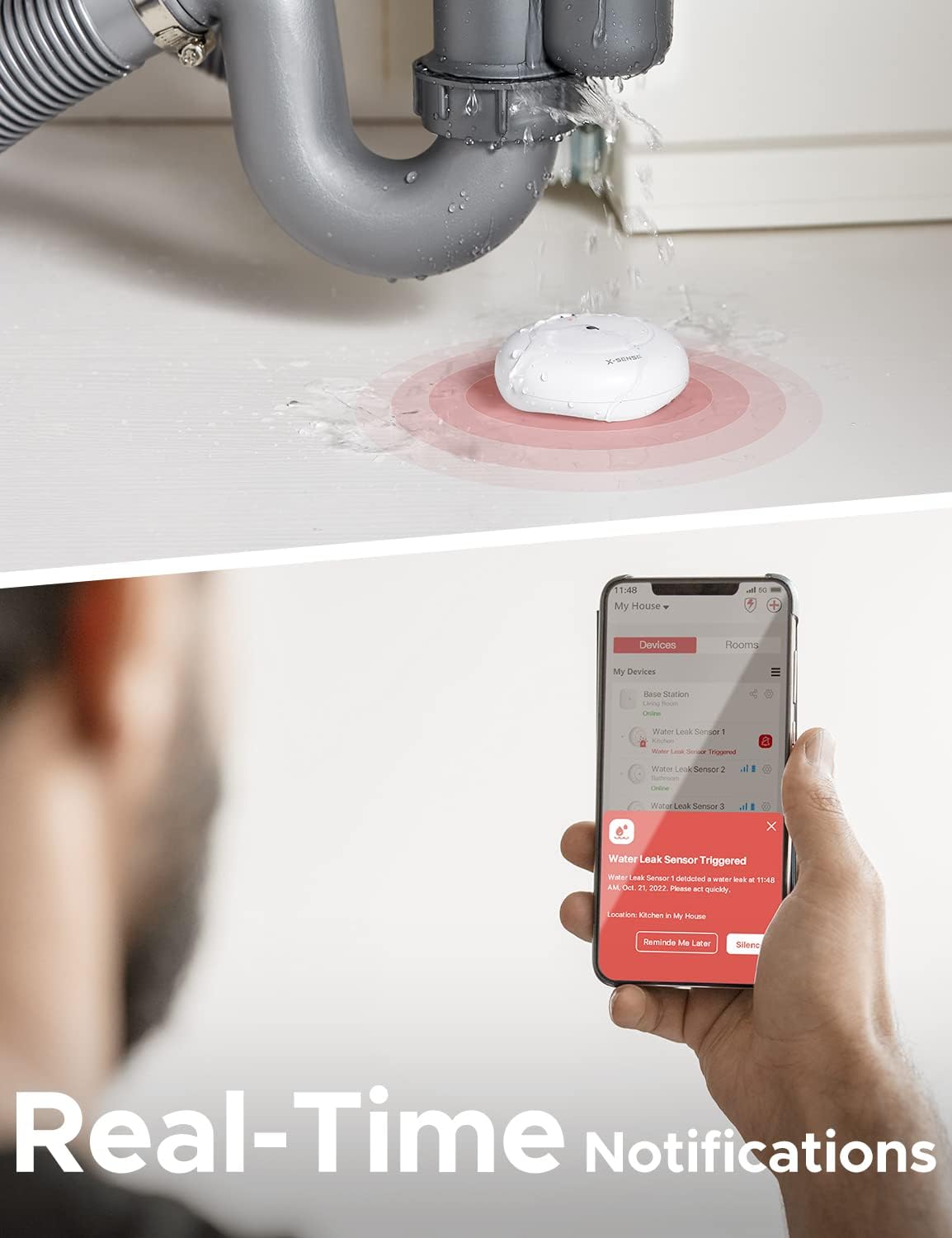 X-Sense Wi-Fi Water Leak Detector Kit, 110 dB, 3 Sensors + Base Station | Real-Time Alerts, 1700 ft Range, IP66 Waterproof, Detects Water as Low as 0.4 mm, for Sinks & Washers