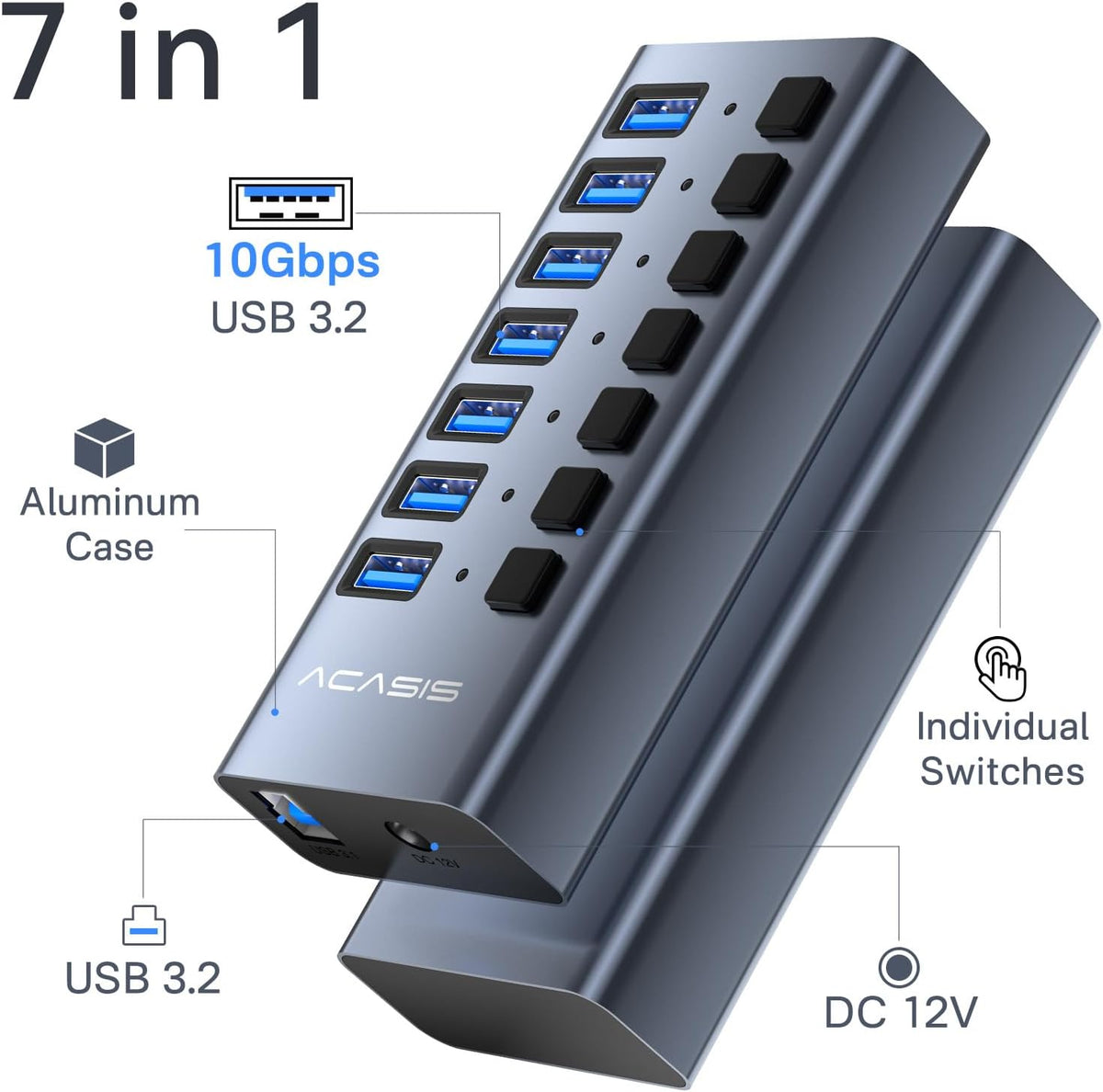 ACASIS Powered 7 Ports USB 3.2 Hub, 10Gbps Data Transfer, 24W Adapter | Individual On/Off Switch for Each Port • Aluminum Housing • Better Heat Dissipation • Plug & Play