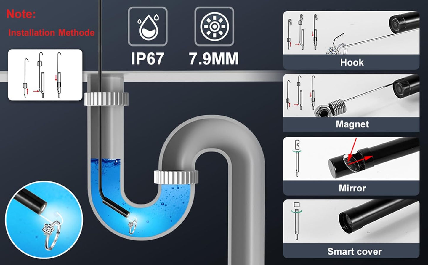 Endoscope Camera with Light, 1920P HD Borescope, 8 Adjustable LED Light, IP67 Waterproof 16.4ft Snake Camera, Semi-Rigid Cable Inspection for Android, iOS