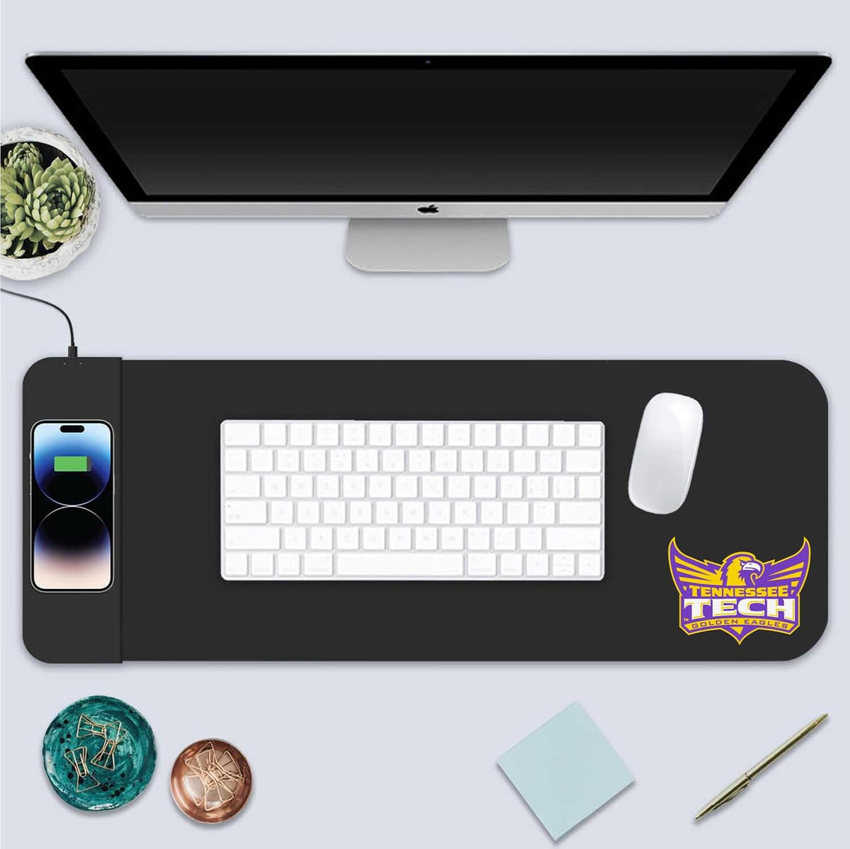 OTM Essentials Tennessee Technological University Classic Wireless Charging Cloth Desk Mat, Durable Office Supplies, Non-Slip Base, Quick Charging Wireless Desk Pad, Black