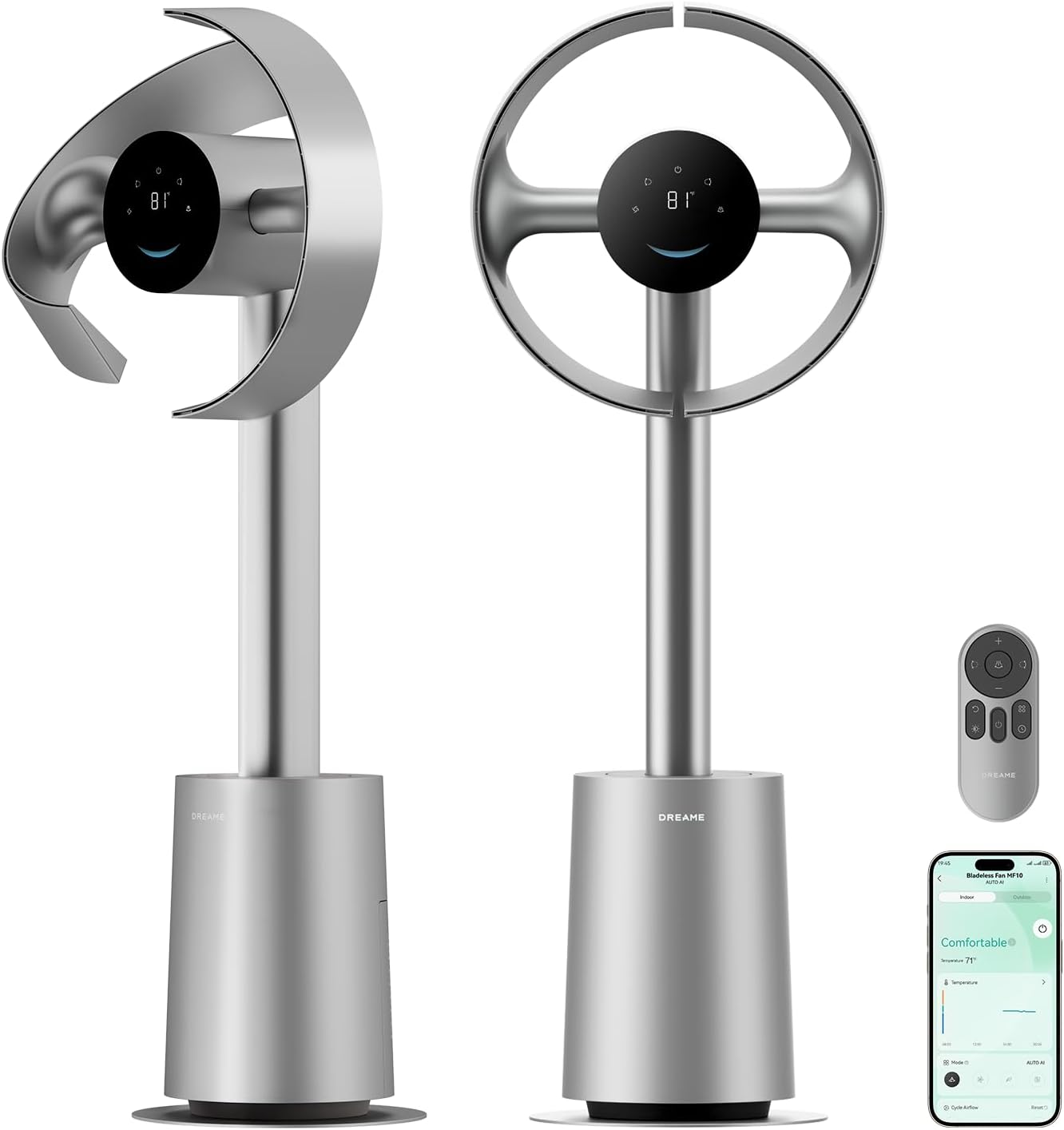 DREAME Bladeless Tower Fan for Bedroom, Smart Standing Fan with 270° Spatial Airflow for Whole-Room Circulation, 59ft/s High Velocity, 10 Speeds 3 Modes, Temperature-Adaptive Airflow, MF10-Silver