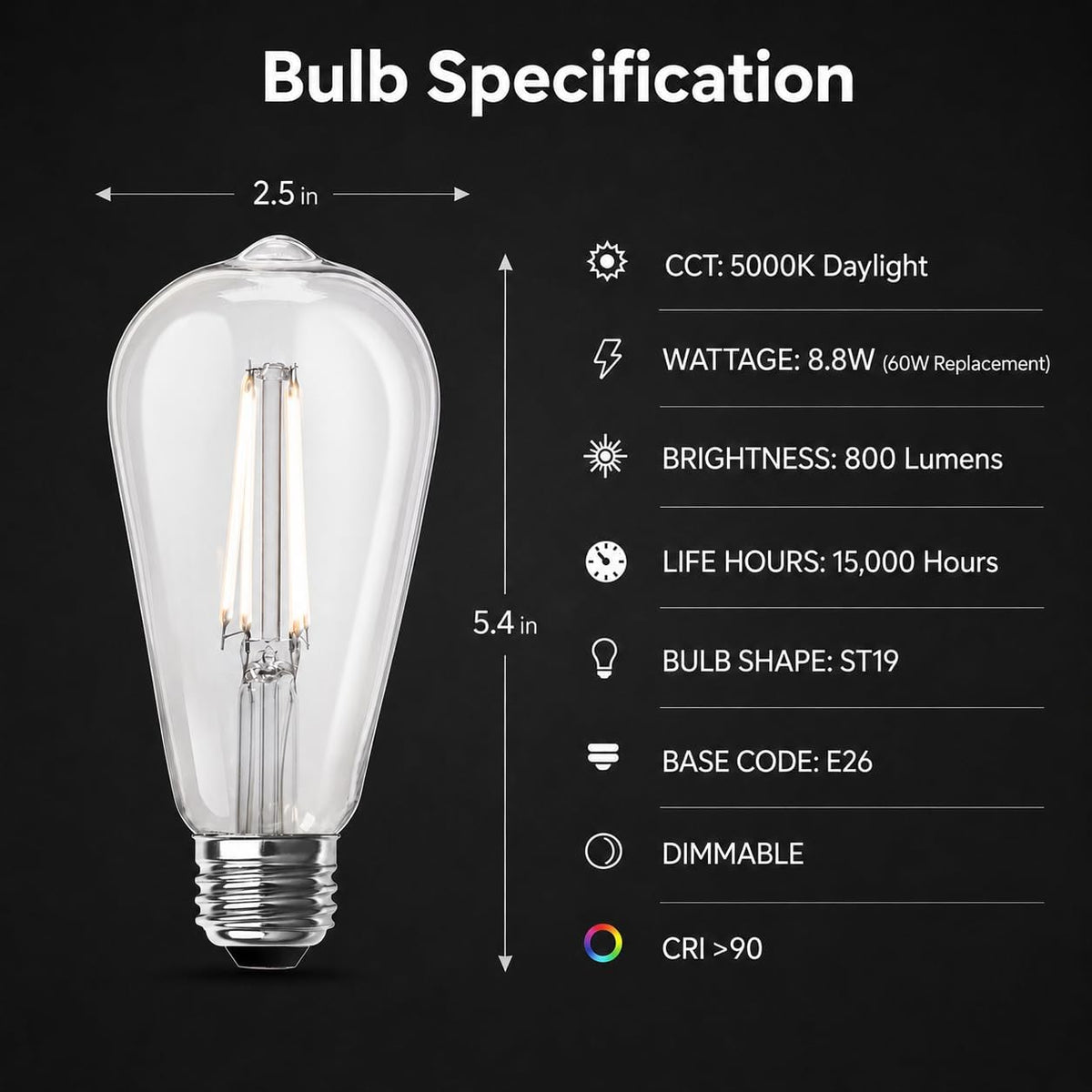 Feit Electric ST19 Vintage Edison LED Light Bulb, 60W Equivalent, Dimmable, 5000K Daylight, 800 Lumens, E26 Base, Retro Filament Light Bulbs, 15,000-Hour Lifetime, ST1960/CL/950CA/2/4, 8 Pack