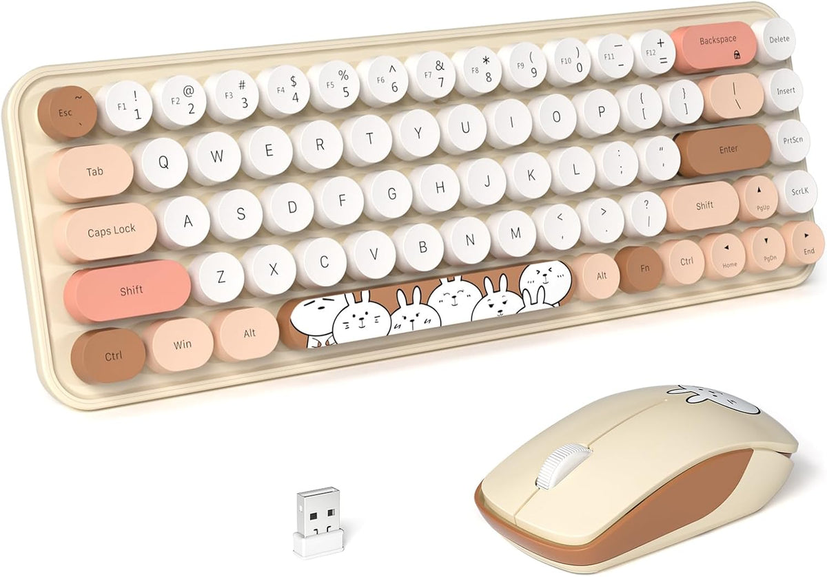 FOPETT Wireless Keyboard and Mouse Combo - 2.4G Full-Sized Cute Colorful Mouse and Keyboard with 104 Round Keys Retro Typewriter Keyboard for Laptop/Windows/PC - Orange Gradient