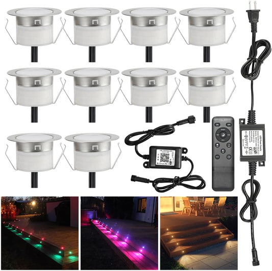 Smart LED Deck Light Kits - 10 Pack of 1.77" Low Voltage Recessed RGBW Deck Lights IP67 Waterproof for Outdoor Landscape Lighting on Steps, Floors & Pathways, Compatible with Alexa & Google Assistant