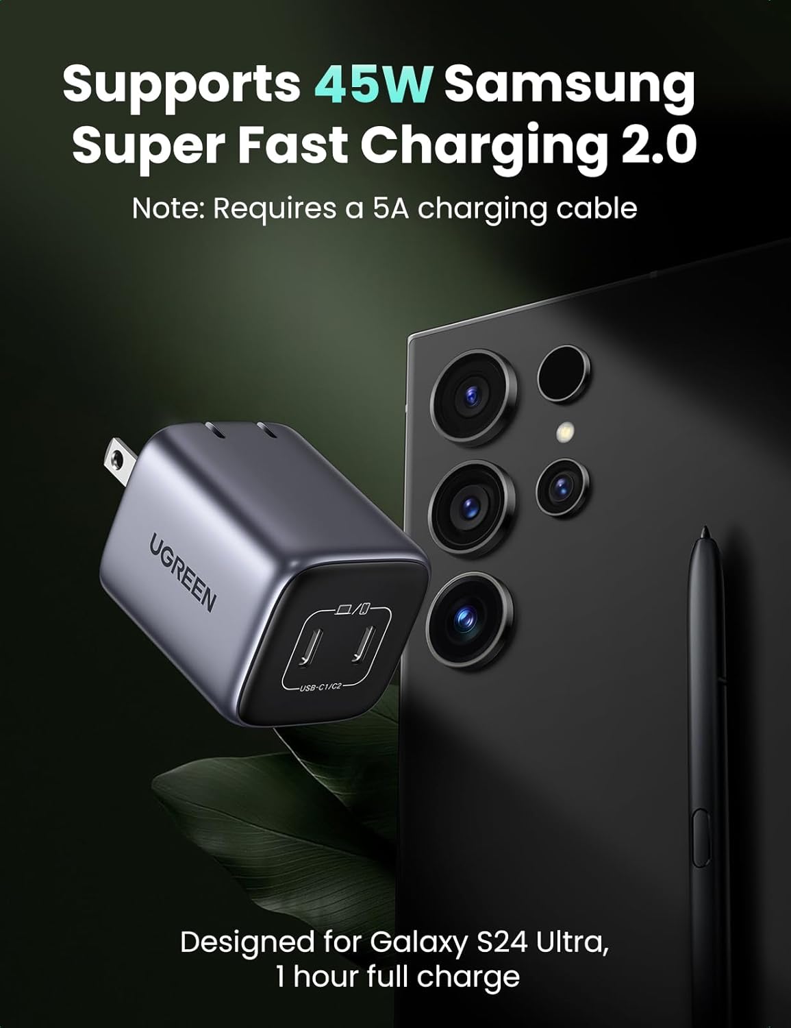 UGREEN 45W USB C Charger for iPhone 17, Nexode 2 Port GaN Foldable PPS Wall Charger Block Support Super Fast Charging 2.0 for Galaxy S26/S25 iPhone 17/16/15, iPad, MacBook Neo/Air, Black
