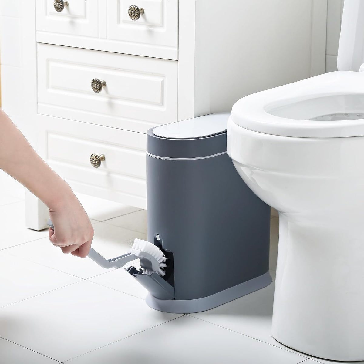 Bathroom Trash Can with Toilet Brush, 2.5 Gallon, Motion Sensor, Grey