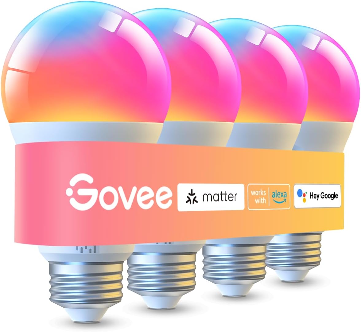 Govee LED Smart Light Bulbs, 1000LM RGBWW A19 75W E26 Base 4 Pack