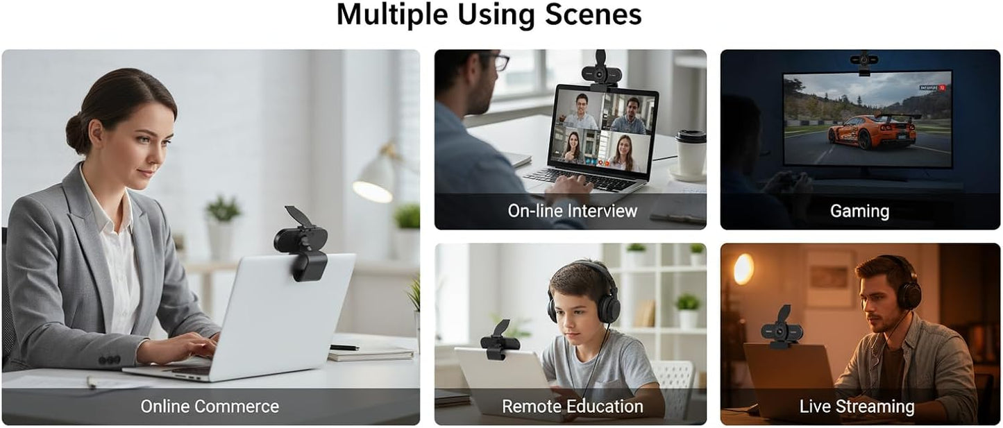 1080P HD Webcam with Microphone, Noise Cancellation, Privacy Cover, Wide-Angle Lens, Auto Light Correction, Plug & Play USB Webcam for Laptop, Desktop, PC, Mac, Zoom, Skype, Streaming (1080p)