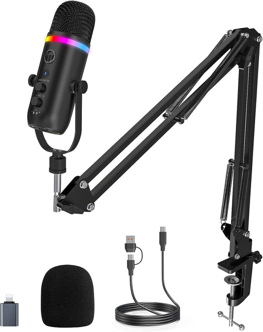 ZealSound Podcast Microphone for PC/Mac/iPhone – USB Studio Mic with Noise Cancellation, RGB Lighting, Mute, Gain, Monitoring & Echo, Boom Arm & Pop Filter, Streaming, Recording, TikTok, YouTube