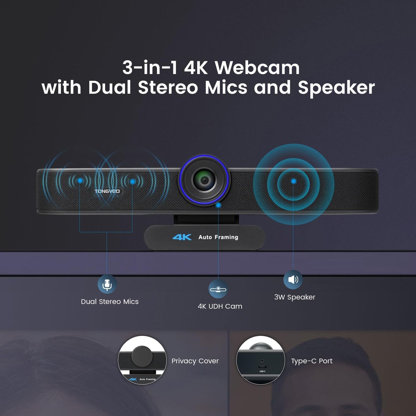 TONGVEO 3-in-1 4K Webcam with Microphones and Speaker, AI Auto-Tracking 5X Digital Zoom Webcam 4K Adjustable Field of View Remote Control Works with Microsoft Teams, Zoom, Google Meet, PC Mac Laptop