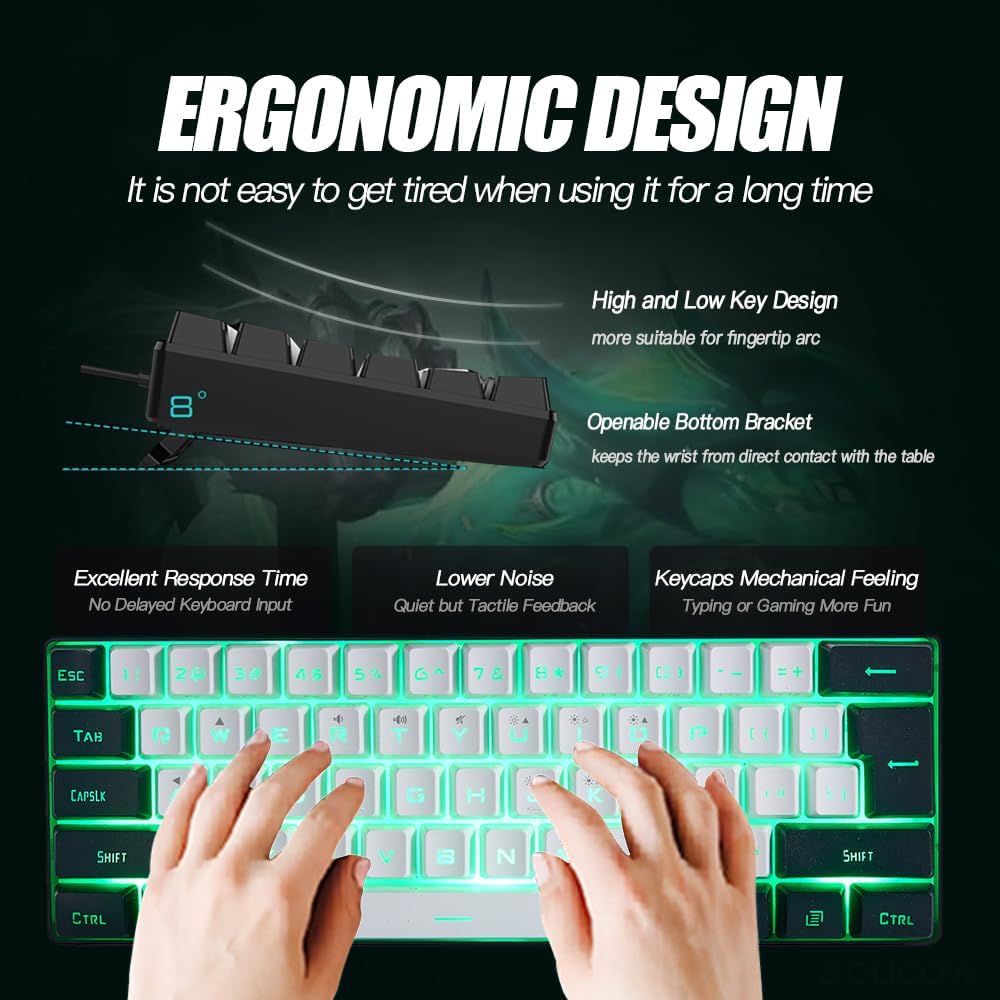 abucow 60% Percent Gaming Keyboard Minimalist Portable Wired Ultra-Compact Mini Imitation 61 Keys RGB Backlit Keyboard (White-Black)
